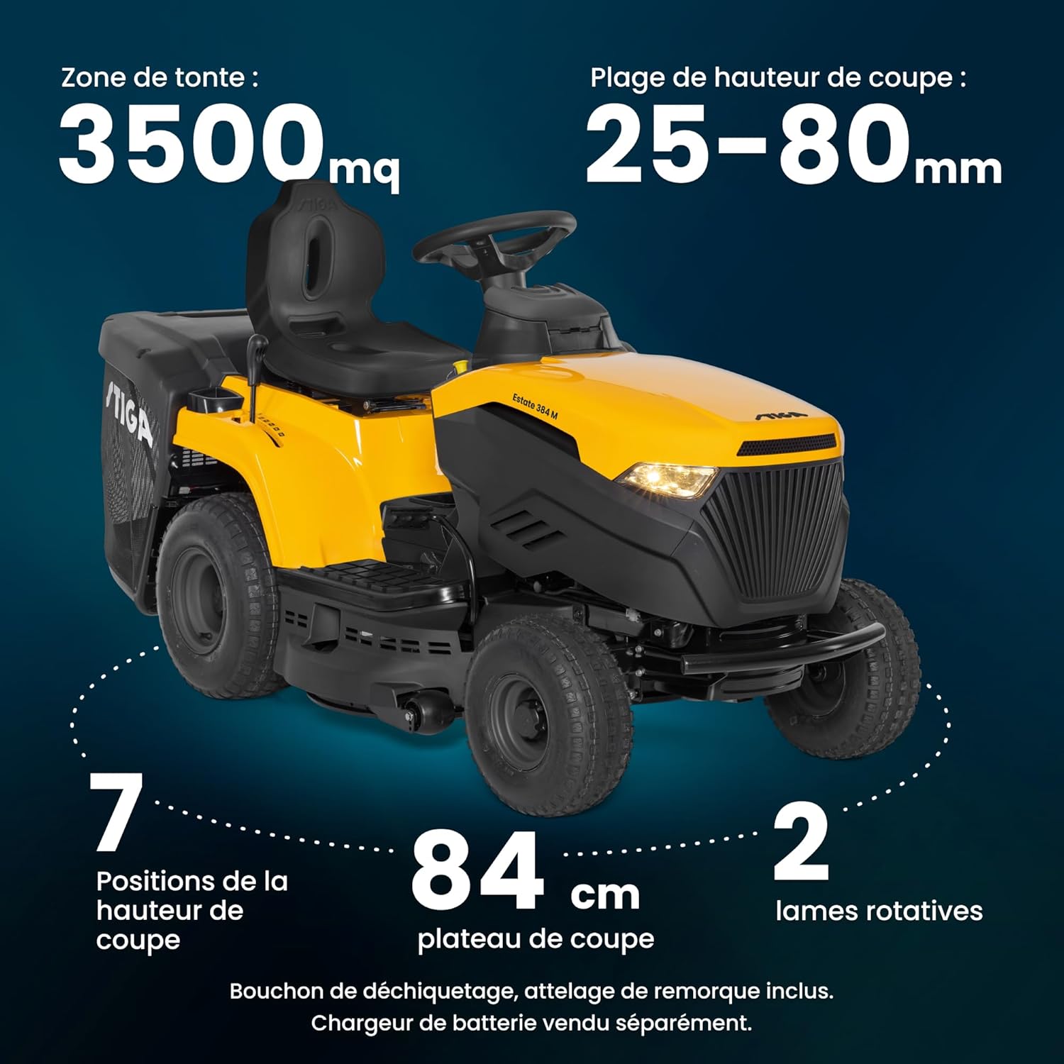 STIGA Estate 384 M ride-on lawnmower with key specifications highlighted