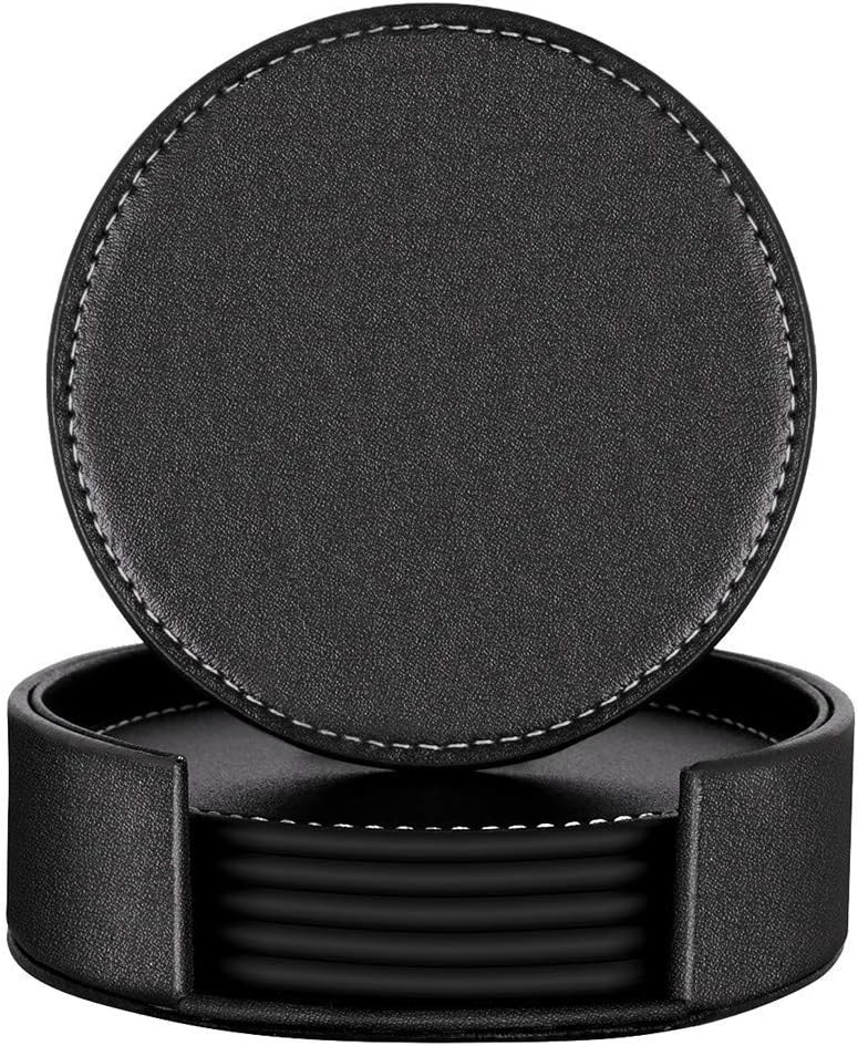 Thipoten Leather Coasters, Set of 6 PU Coaster set with Holder, Protect Furniture from Water Marks Scratch and Damage(6Pcs, Black)