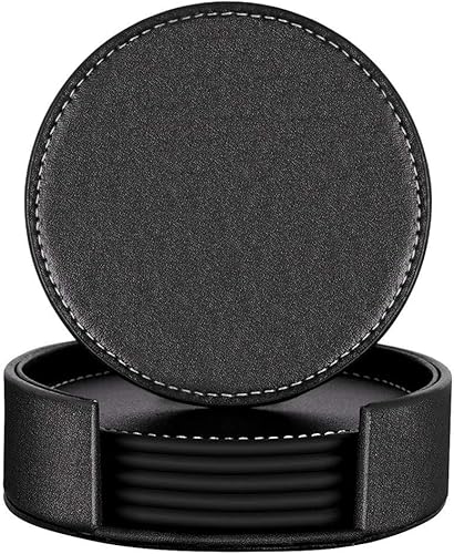 Thipoten - Posavasos de cuero con soporte, protegen los muebles de daños (6 unidades, negro)