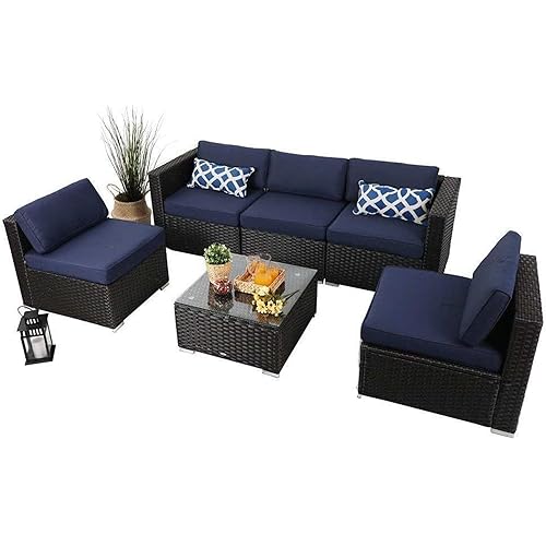 PHI VILLA Outdoor Patio Rattan Sectional Sofa- Patio Wicker Furniture Sofa Set (6-Piece, Blue)