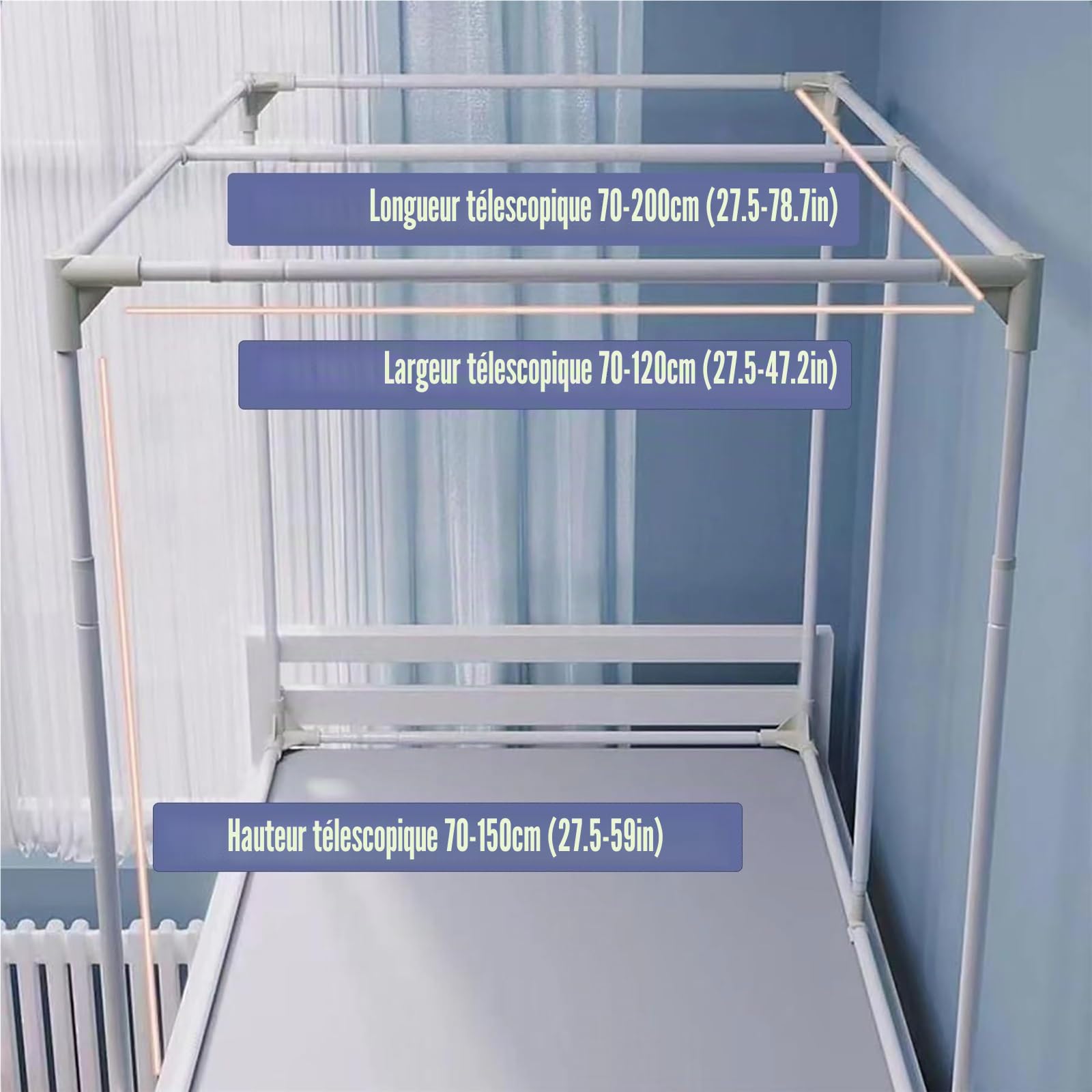 Cadre de lit rétractable – Tente universelle pour lit superposé pour 4 poteaux d'angle, support de moustiquaire, idéal pour les dortoirs d'étudiants, installation et soutien faciles