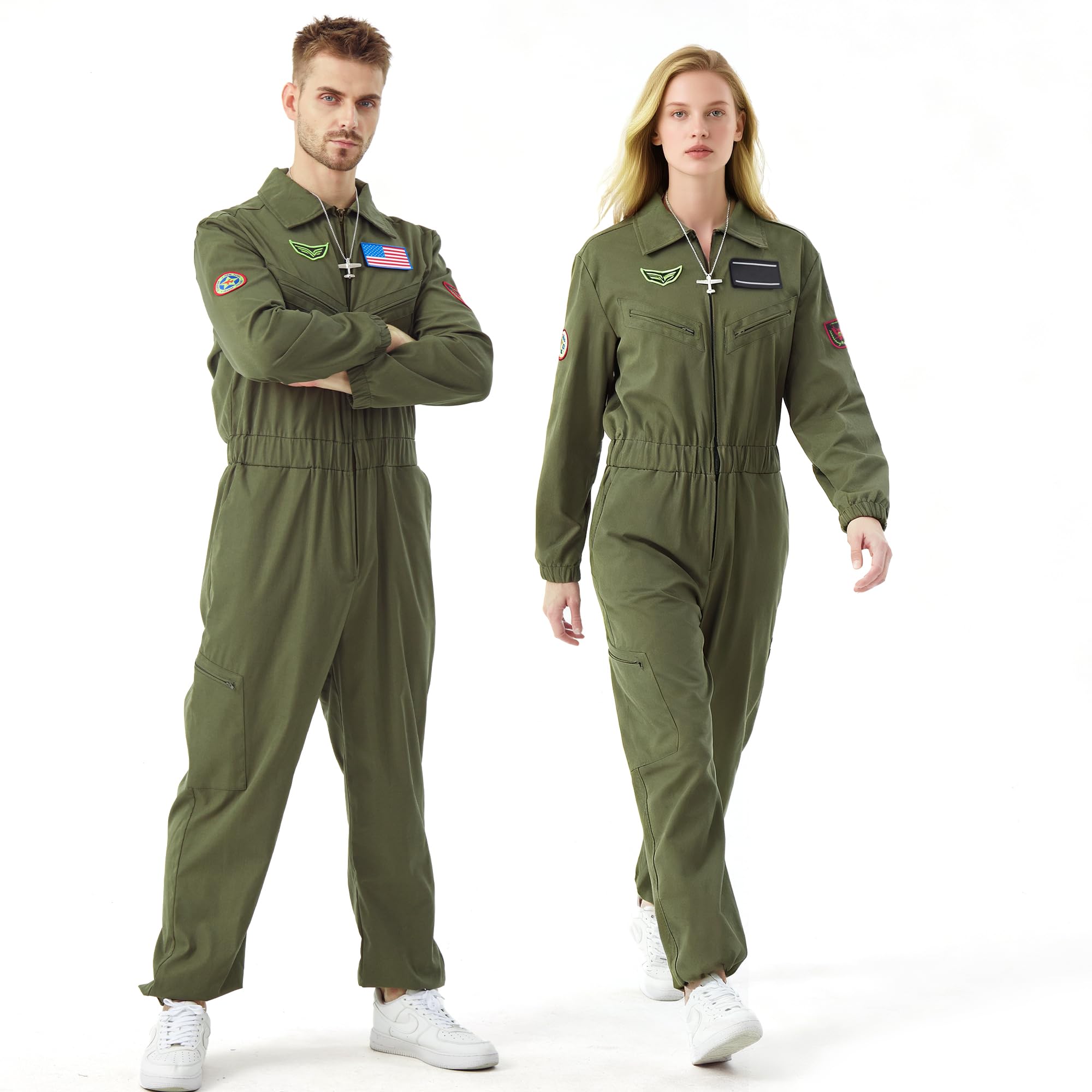 Firecos Pilot Kostüm Herren Pilot Jumpsuit Kampfjetpilot Cosplay Luftwaffe Fliegeranzug mit Aufnähern für Halloween Karneval