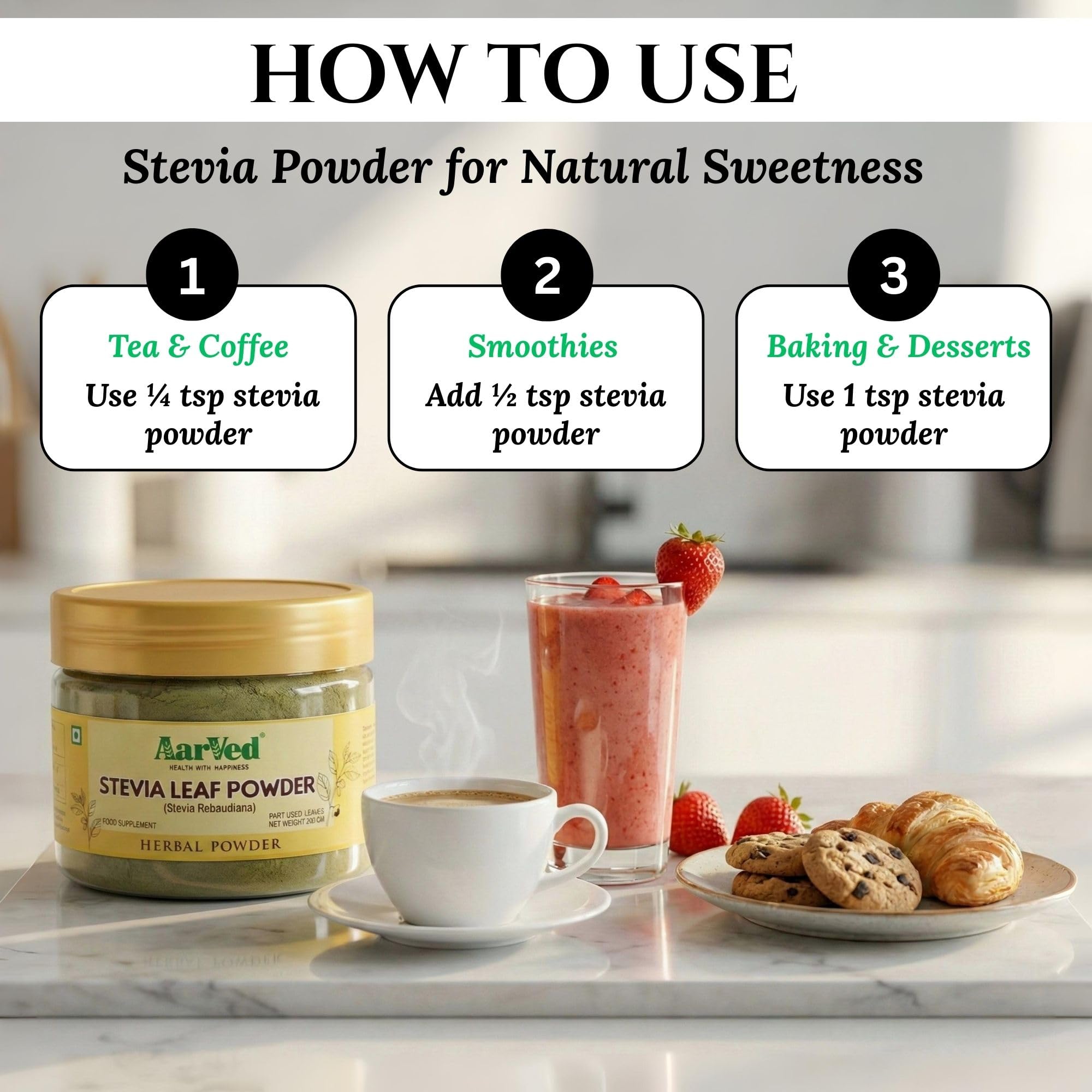 AarVed Natural Stevia Leaf Powder (200g, Pack of 1) Plant Based Sweetener | Zero Calorie Sugar Substitute | Stevia Rebaudiana Powder for Tea, Coffee, Baking & Beverages | Herbal Sweetener 2
