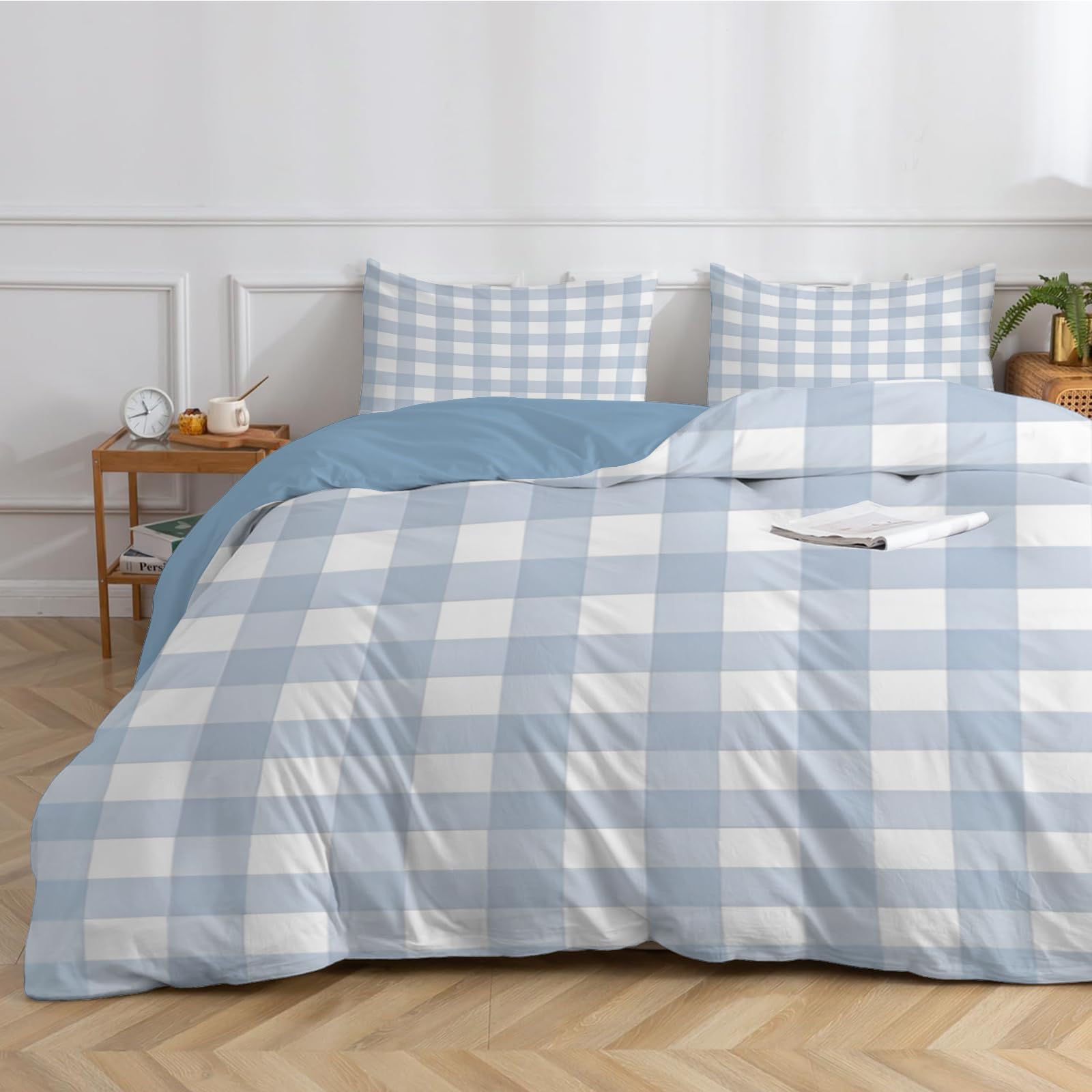 Funda Nordica Cama 90 Cuadros Tartán, Juego de Ropa de Cama Reversible Azul Blanco, Fundas Nordicas de Microfibra Lisa con Cierre de Cremallera y 2 Fundas de Almohada (150 x 220 cm)