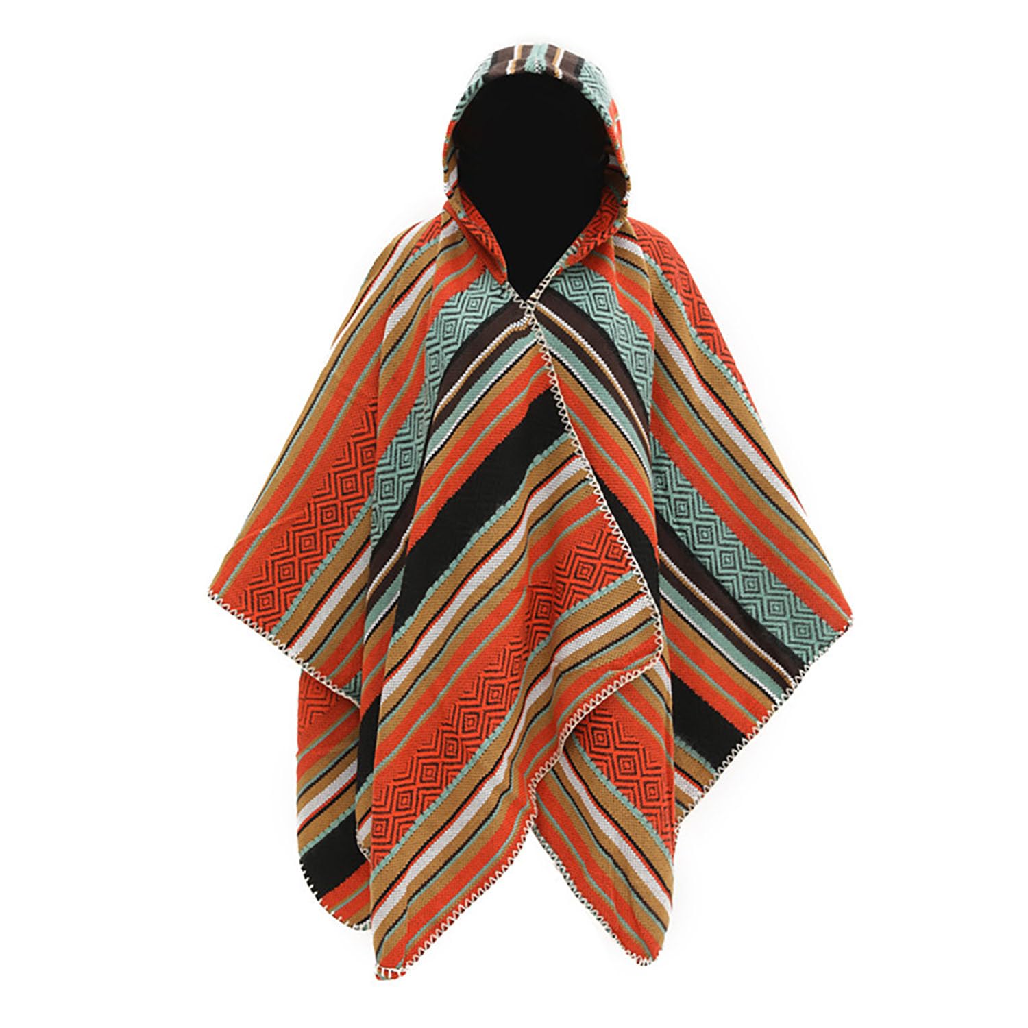 Damen Winter Strickschal mit Kapuze Gestreift Fransen Poncho Warme Decke Vintage Strickjacke