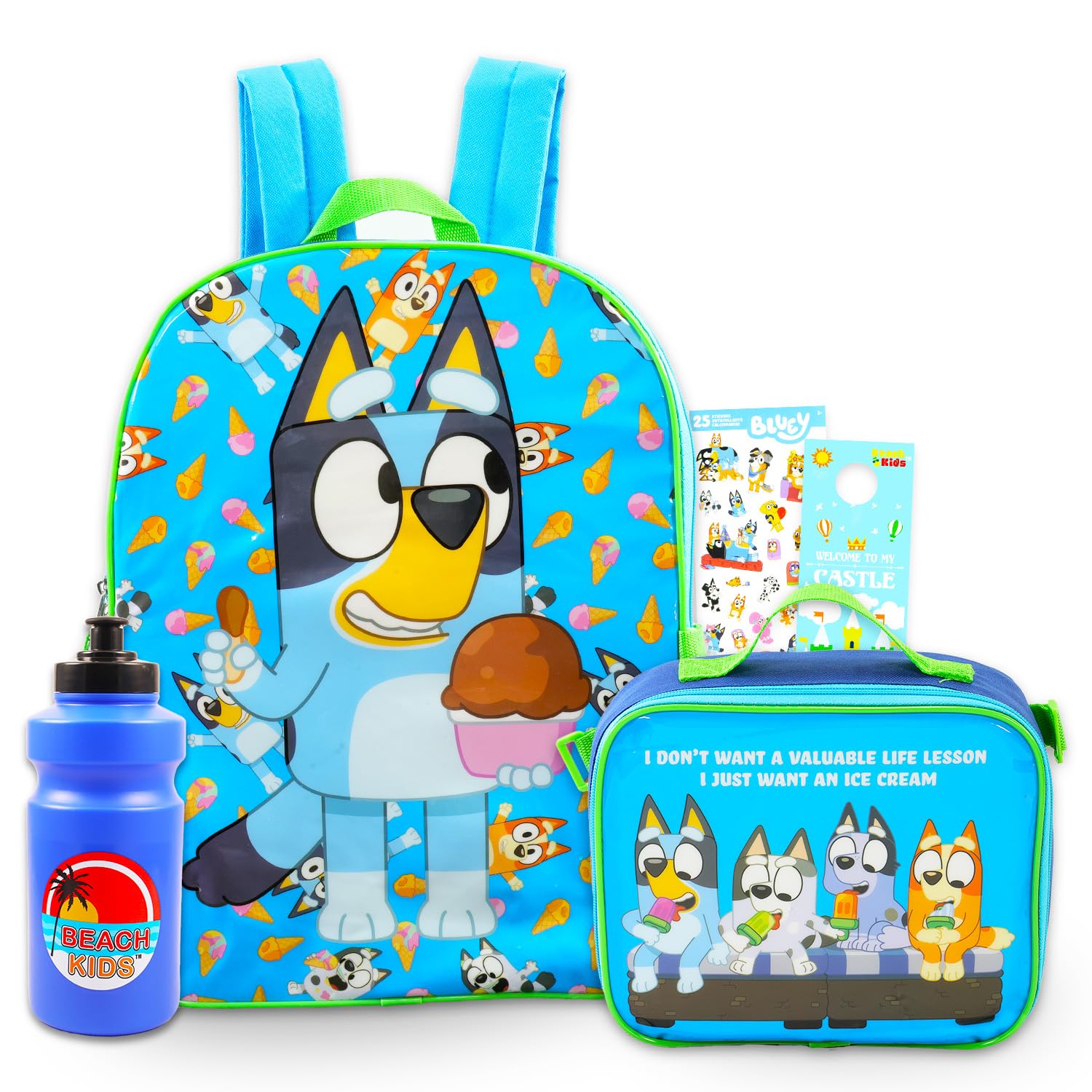 Bluey Backpack and Lunch Box Set - Bundle with 15" Bag, Lunch Box, Bottle, Stickers, More | Bluey & Bingo School Supplies (Multicolor Blue and Green)