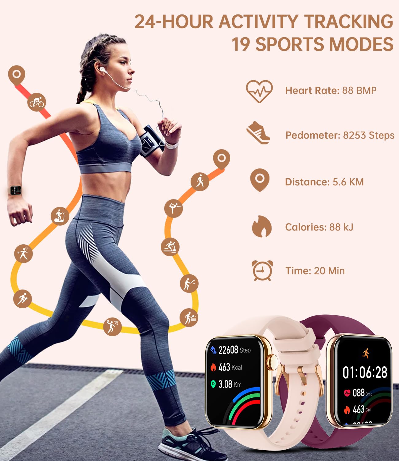 Erkwei Smartwatch Damen mit Telefonfunktion Nachrichtenbenachrichtigungen 1,32 Voll Touchscreen Fitnessuhr Schrittzähler Pulsmesser Schlaf SpO2 DIY-Zifferblatt Damenuhr für iOS Android