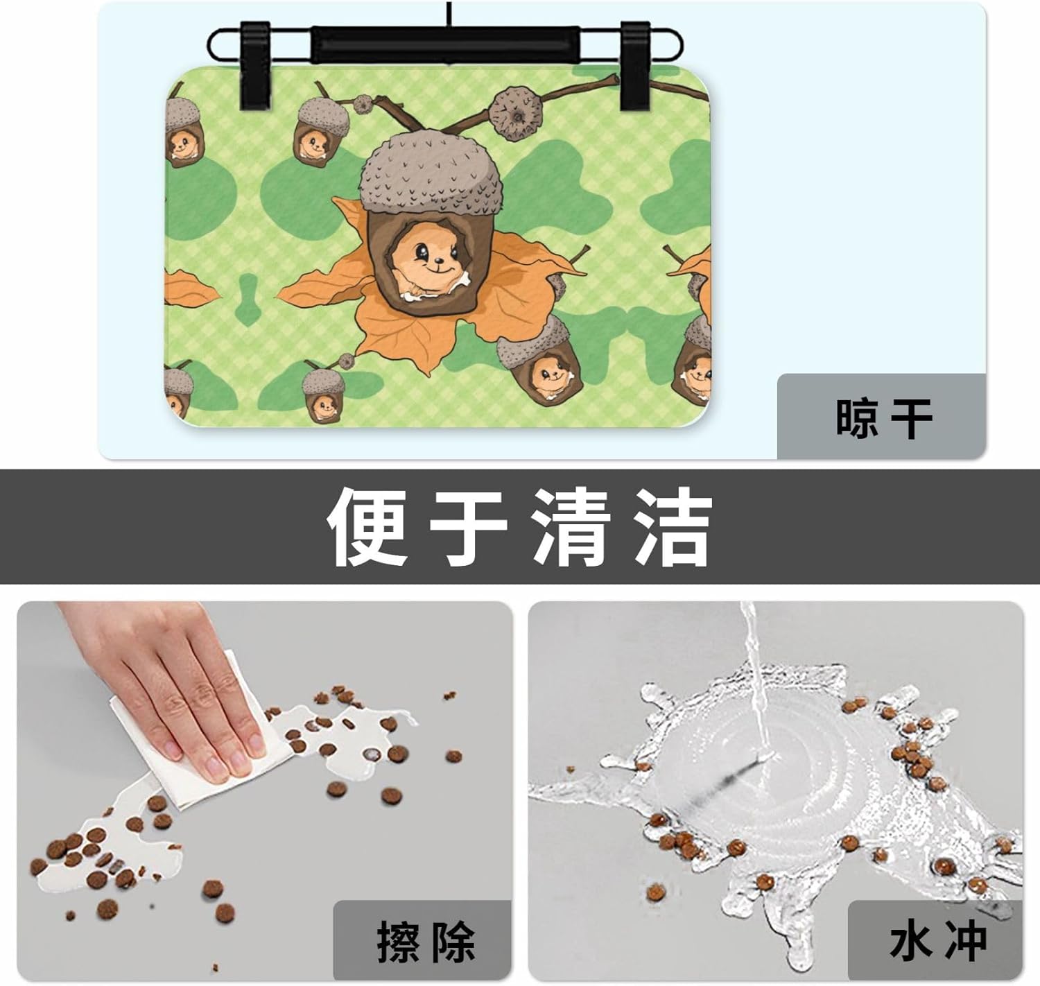 40x60cm Pet Absorbent Feeding Mat - Cartoon Squirrel Print Leather Non-Slip Placemat, for Dog Cat Food and Water Bowl Pads
