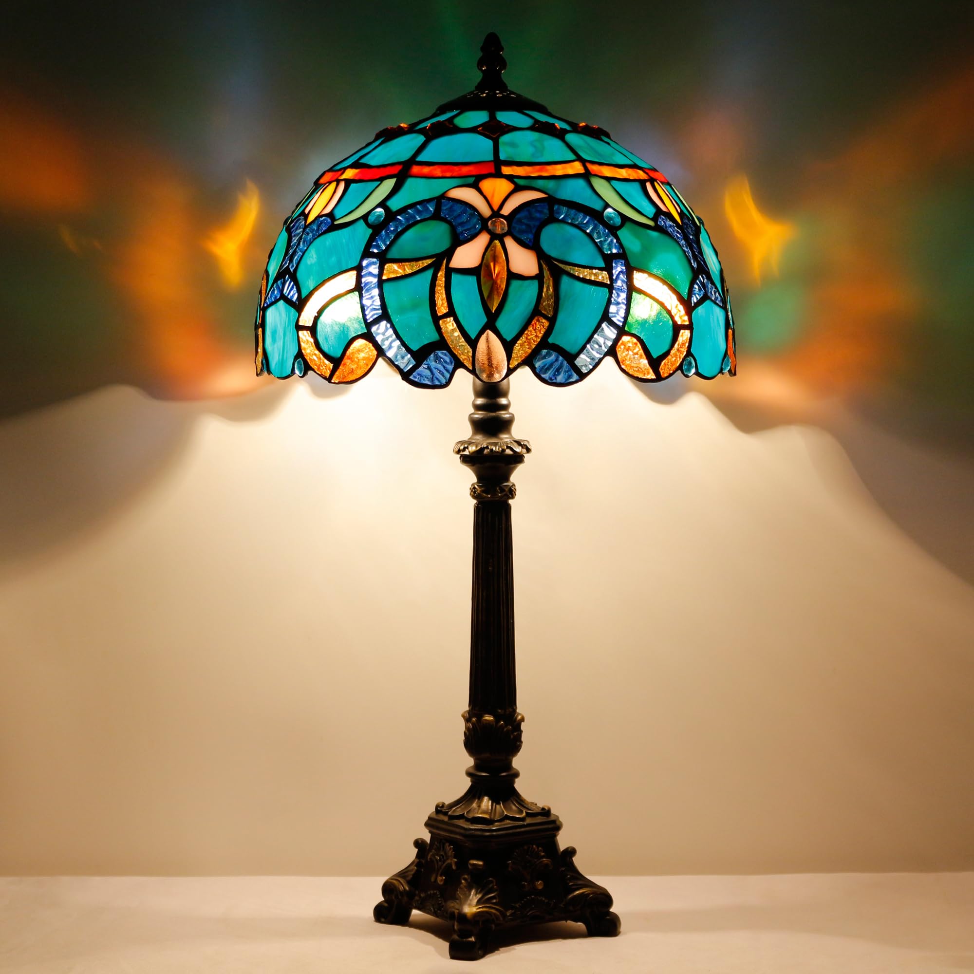 ZJART Tiffany Table Lamp Stained Glass 12X12X21 Green Blue Jewelry Baroque