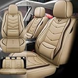 Car Seat Covers for Kia Optima 2007-2018, Full Set Premium Leather Waterproof Breathable Anti-Slip Seat Covers Protection with Airbag Safe Design(Beige, Standard)
