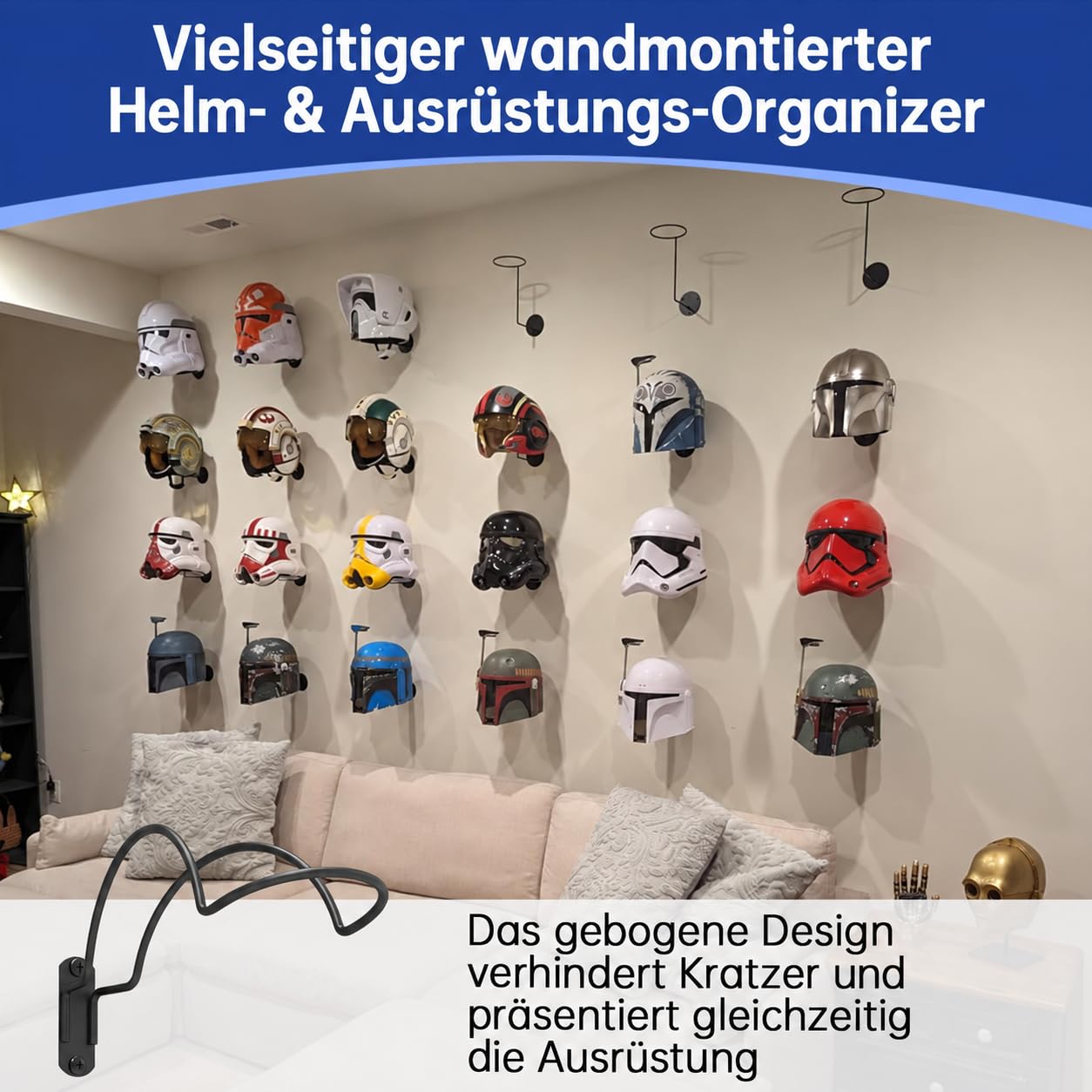 Helmhalterung Wand aus Metall, Schwarz, 4 Stück