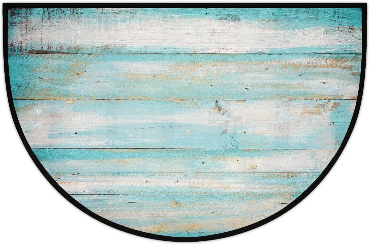 Half Round Door Mat Wood Modern Teal Half Moon Rug Washable Half Circle Area Rugs Indoor Entrance Non Slip Semi Circle Bathroom Rugs Floor Carpet for Kithen Bedroom Fireplace Decor