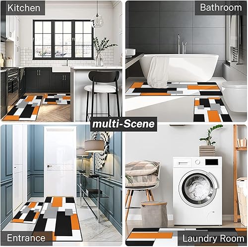 Miniatura 5 de Juego de 2 alfombras y tapetes de cocina geométricos naranjas antideslizantes, lavables, a cuadros negros y grises para piso, alfombra rústica