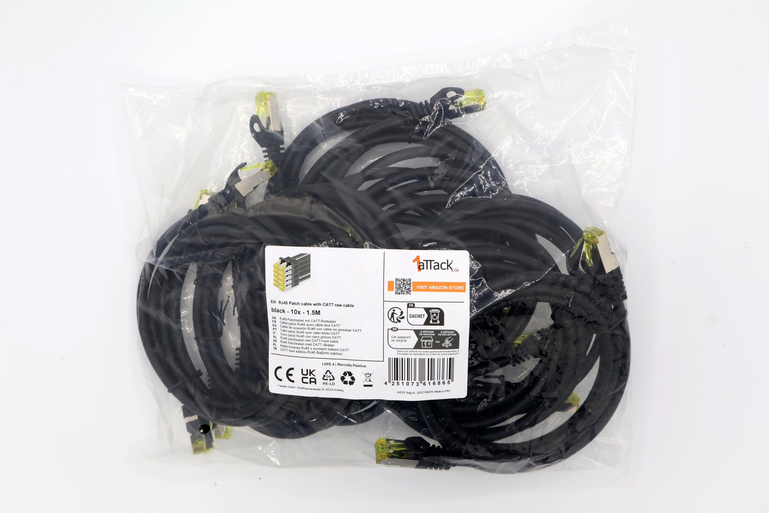 1aTTack.de Cavo di rete Ethernet Lan Cat.7 SFTP spina RJ45 Cat6a doppia schermatura 10000 Mbit/s compatibile con Cat5 Cat6 Cat6a Cat8 per switch Router Modem Patchpanel Nero / 10 pz 1,5m