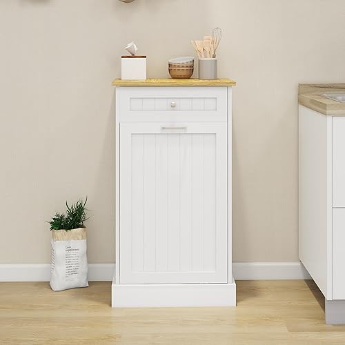 Miniatura 4 de SSLine Armario de basura de madera para cocina, armario de basura independiente con soporte para bote de basura inclinado y cajón de almacenamiento,