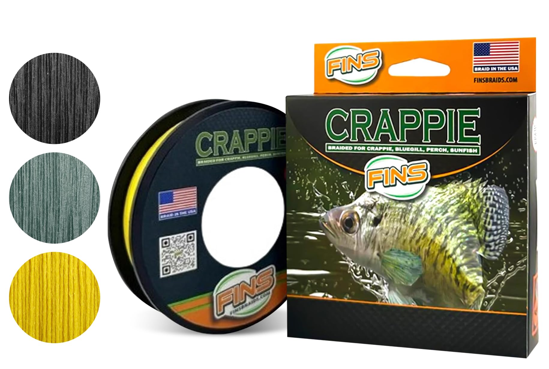 FINS Crappie Braided Fishing Line, Ultra-Strong Thin-Diameter 4-Strand Braid for Crappie, Perch, Sunfish & Panfish, Micro-Diameter High Visibility, UL