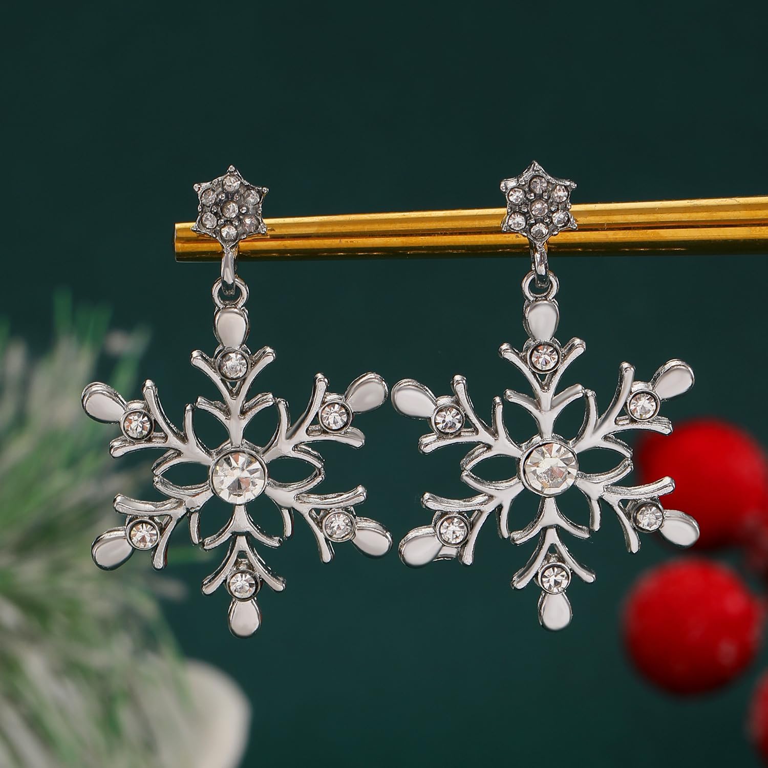 Silver Snowflake Earrings for Women Elegant Pearl Rhinestone Snowflake Dangle Drop Earrings Winter Frozen Flower Earrings Christmas Holiday Jewelry - Image 5