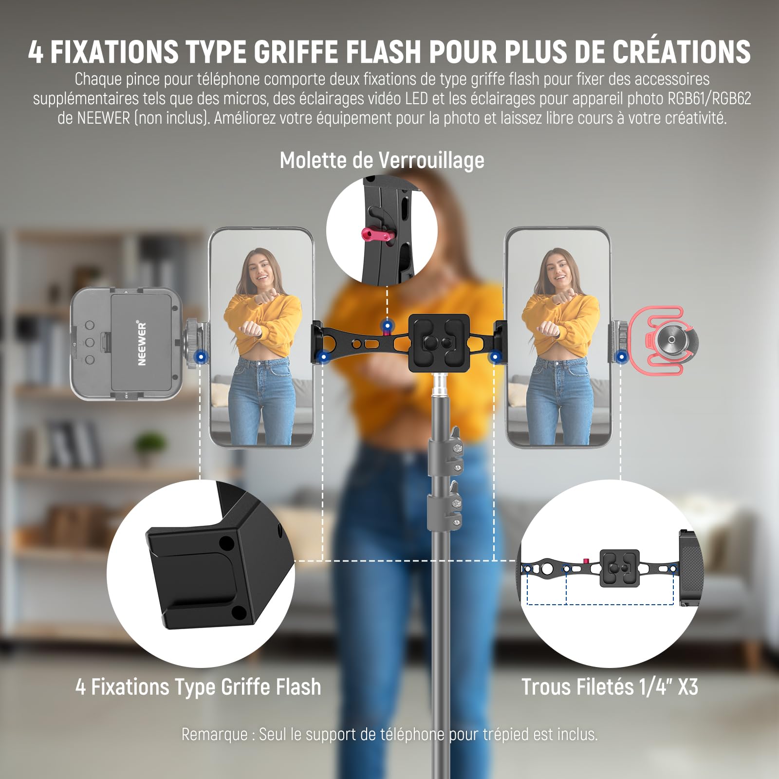 NEEWER Adaptateur Support de Trépied Téléphone en Métal avec Base Arca QR,Support de Pince à Double Clip pour Téléphone Portable Rotatif à 360°avec 4 Sabots Froids Compatible avec iPhone Samsung,SP-08