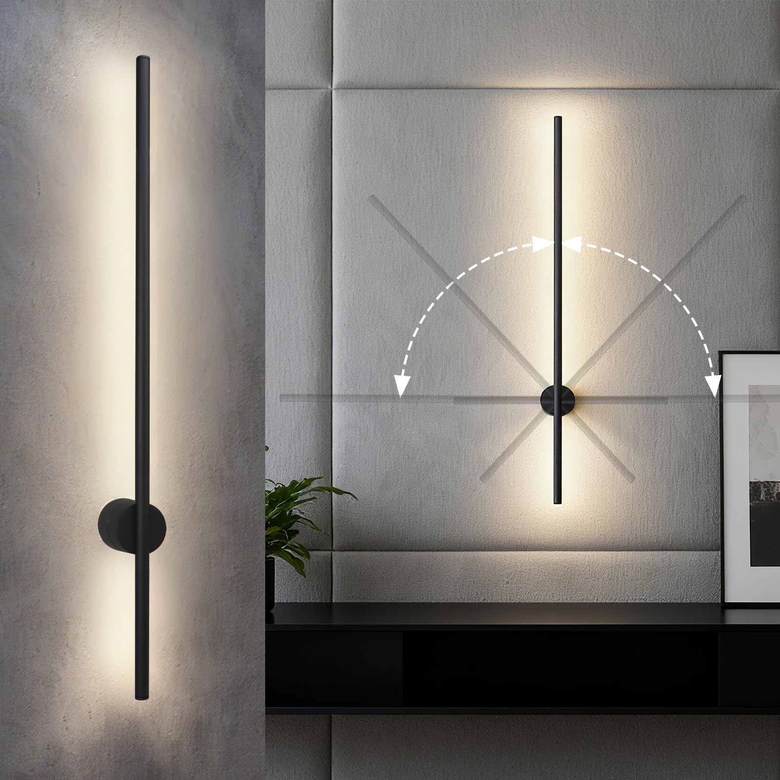 Applique Murale Exterieur/Intérieure LED Intégrée, Lampe Exterieur Moderne Rotative 90CM/8.7W IP54 Luminaire Mural Aluminium Pour Salon Chambre Couloir, Neutre 4000K 1500LM, Noir Mat