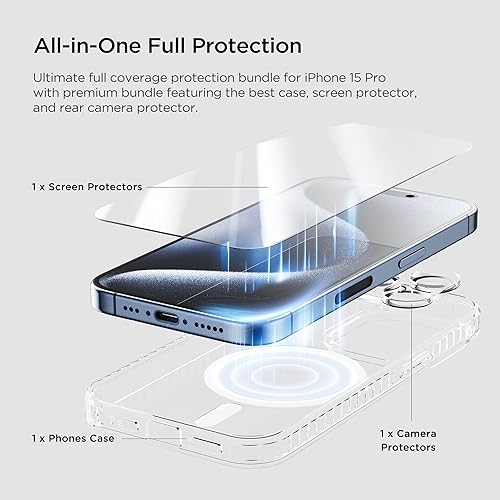 Miniatura 2 de Funda transparente para iPhone 15 Pro no amarillenta con protector de pantalla de vidrio templado + protector de lente de cámara, protección contra