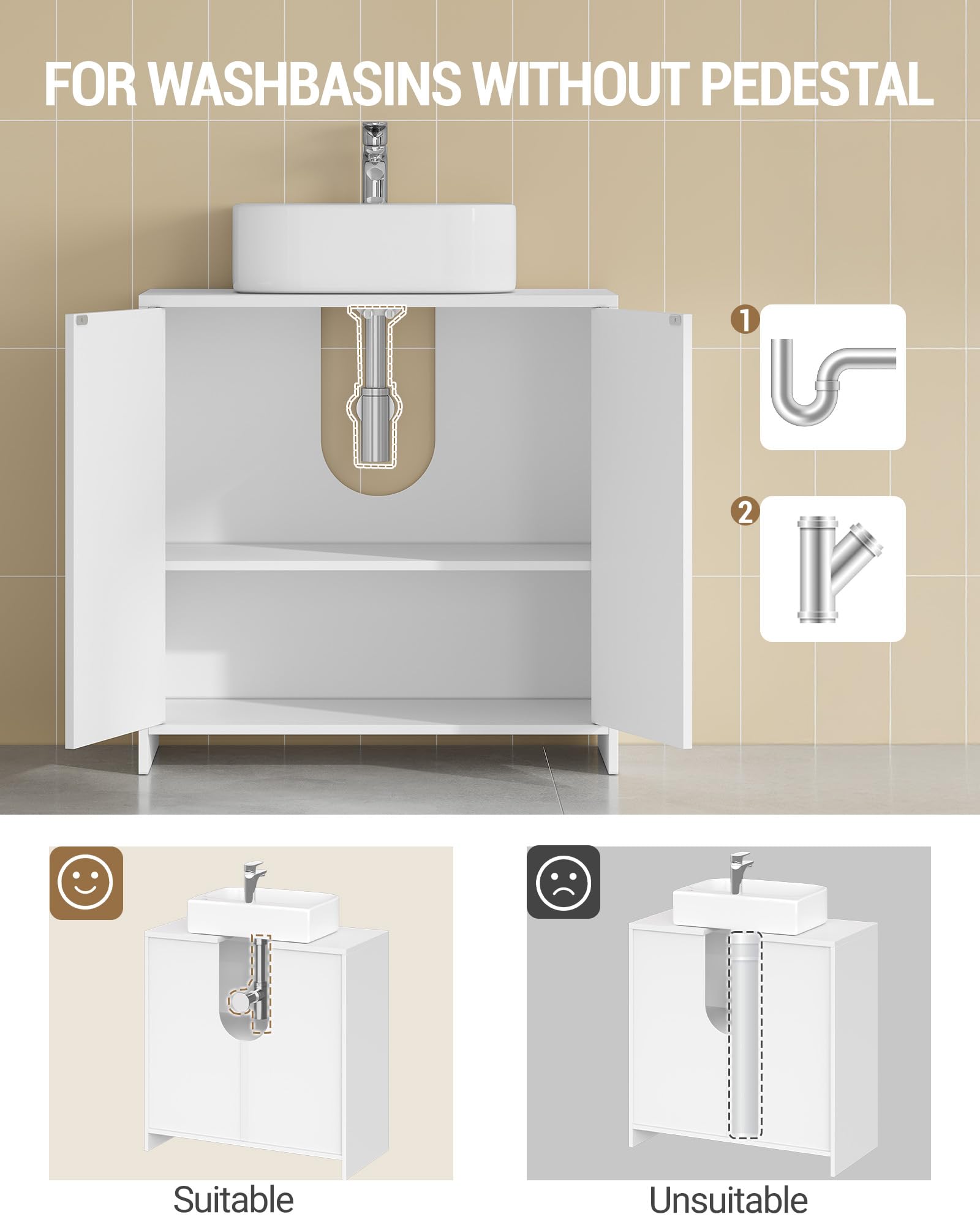 Hzuaneri Waschbeckenunterschrank, Unterschrank, Badezimmerschrank, Verstellbare Einlegeböden, Badschrank mit 2 Türen, Freistehend, Moderner, 30 x 60 x 60 cm, Weiß BC00603X