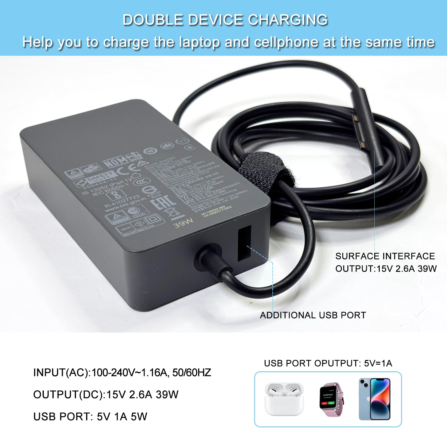 XITAIAN 15V 2,6A 39W 1963 Zasilacz Zasilacz Zamiennik dla Microsoft Surface Laptop Go / Go2 Port ładowania USB