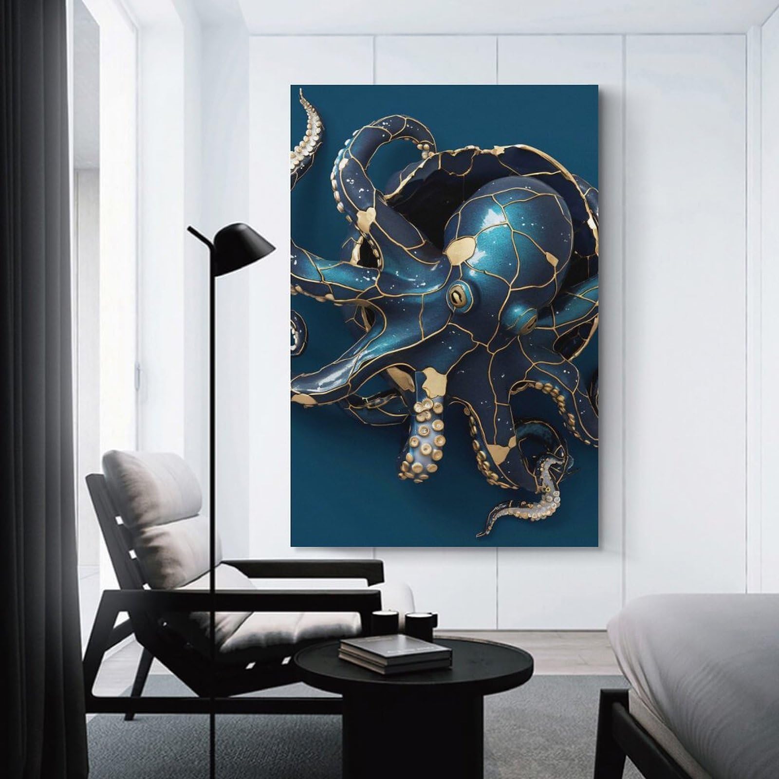 Junmoney Unframe-Style-24 Blue And Gold Octopus Sculpture Wall Picture Print 24X36inch(60X90cm), For Lounge Decor, Offices Or Entryway Styling, Versatile Wall Decor For Many Rooms