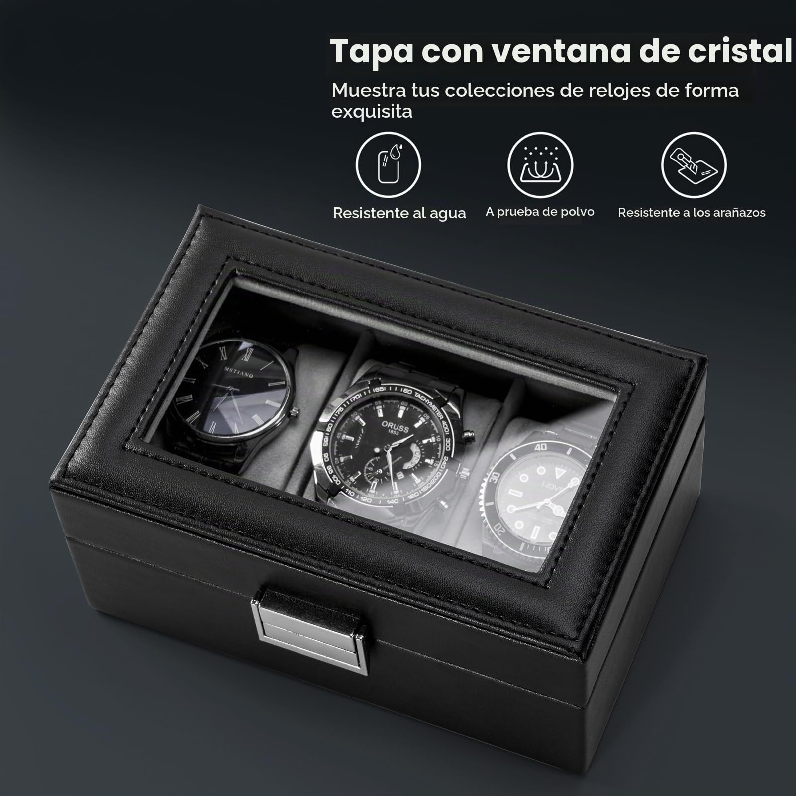 ProCase Caja de Relojes 3 Compartimentos Tapa de Cristal Cojín Extraíble Organizador Negro
