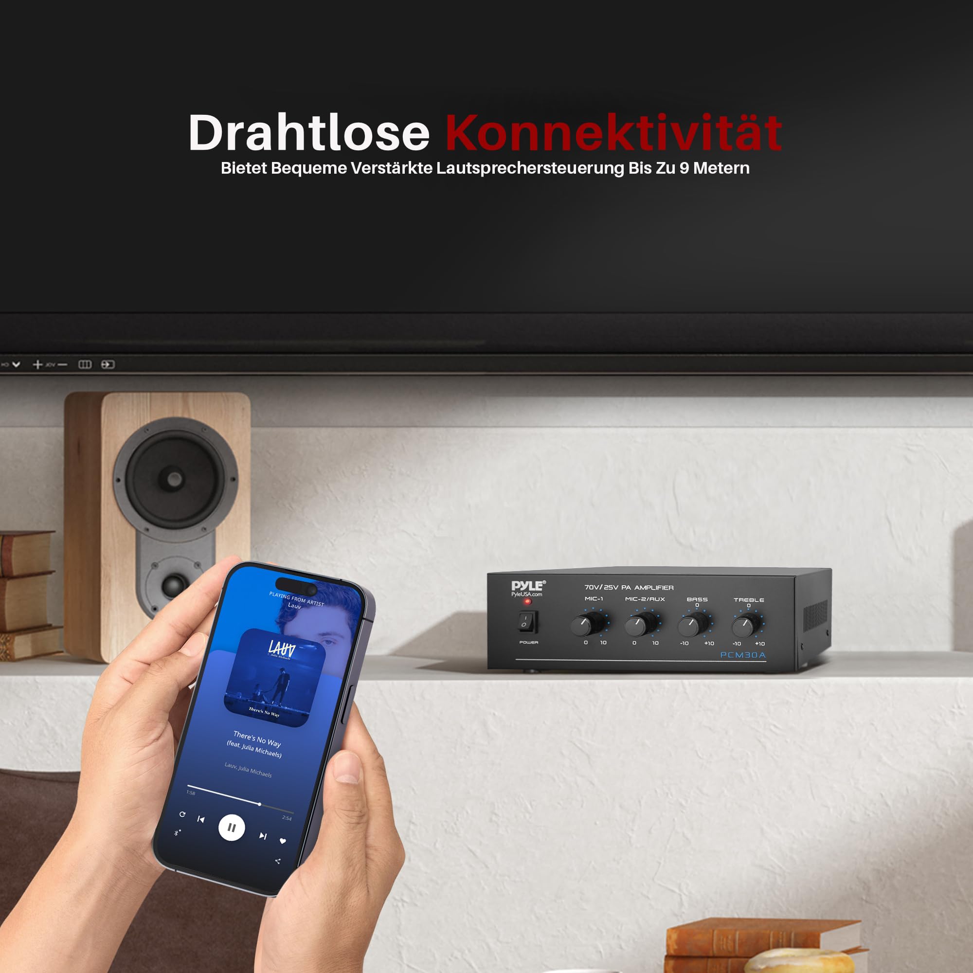 Pyle PA-Verstärker – 60W Bluetooth Amp mit 25/70V-Ausgang & 2 Mikrofoneingängen | Mit Bass-/Höhenregler, AUX & RCA, Ideal für Hintergrundmusik & Durchsagen in mehreren Räumen