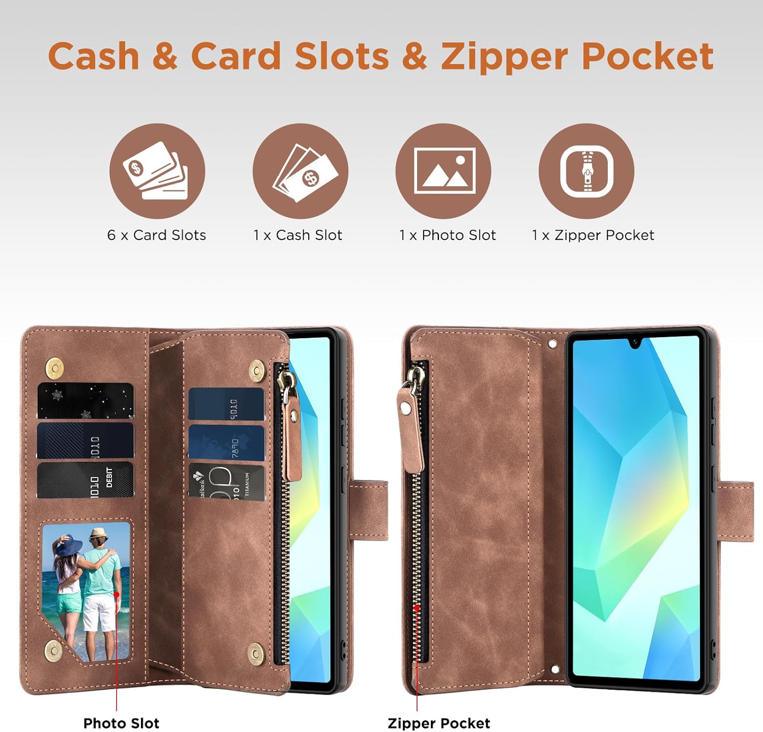 for Samsung Galaxy A16-5G-Wallet Case: with RFID Blocking Card Slots (6 Cards) | Soft PU Leather Magnetic Snap Zipper Pocket | Crossbody Wrist Strap Protective Phone Cover - Brown - Image 3