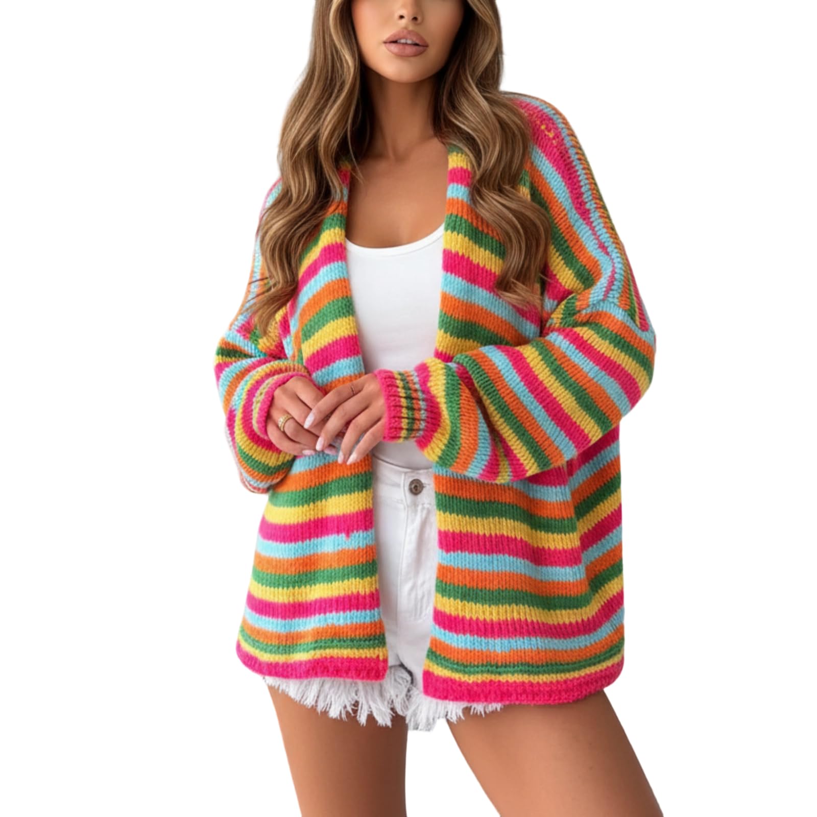 Womens Rainbow Cardigan Sweater Oversized Striped Multicolor Open Front Sweater Colorful Chunky Soft Knit Coats