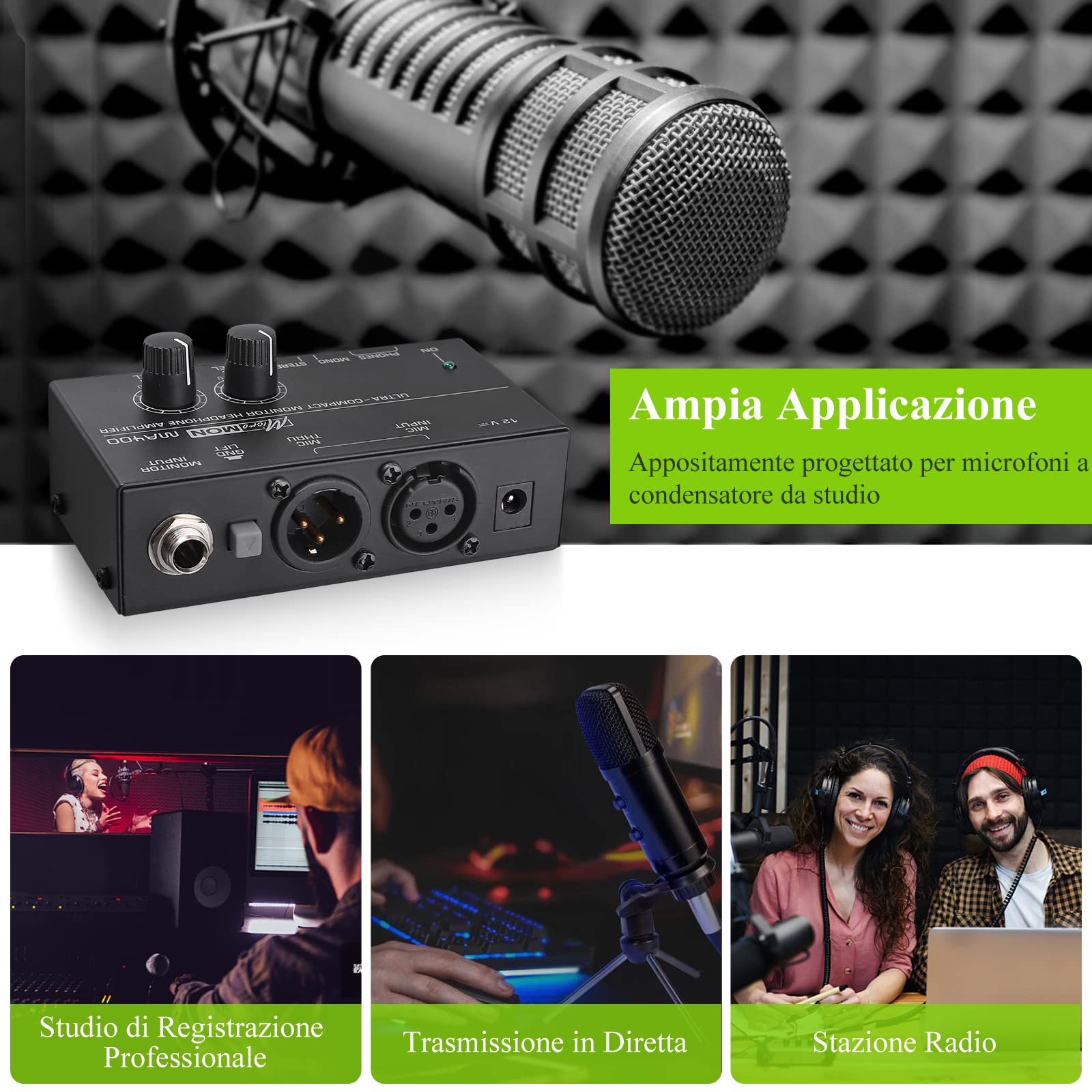 LiNKFOR MA400 Amplificatore per Cuffie con Controllo Volume Amplificatore per Cuffie Ultracompatto per Microfono XLR con 12V Potenza Omologata Preamplificatore per Cuffie per Applicazioni in Studio