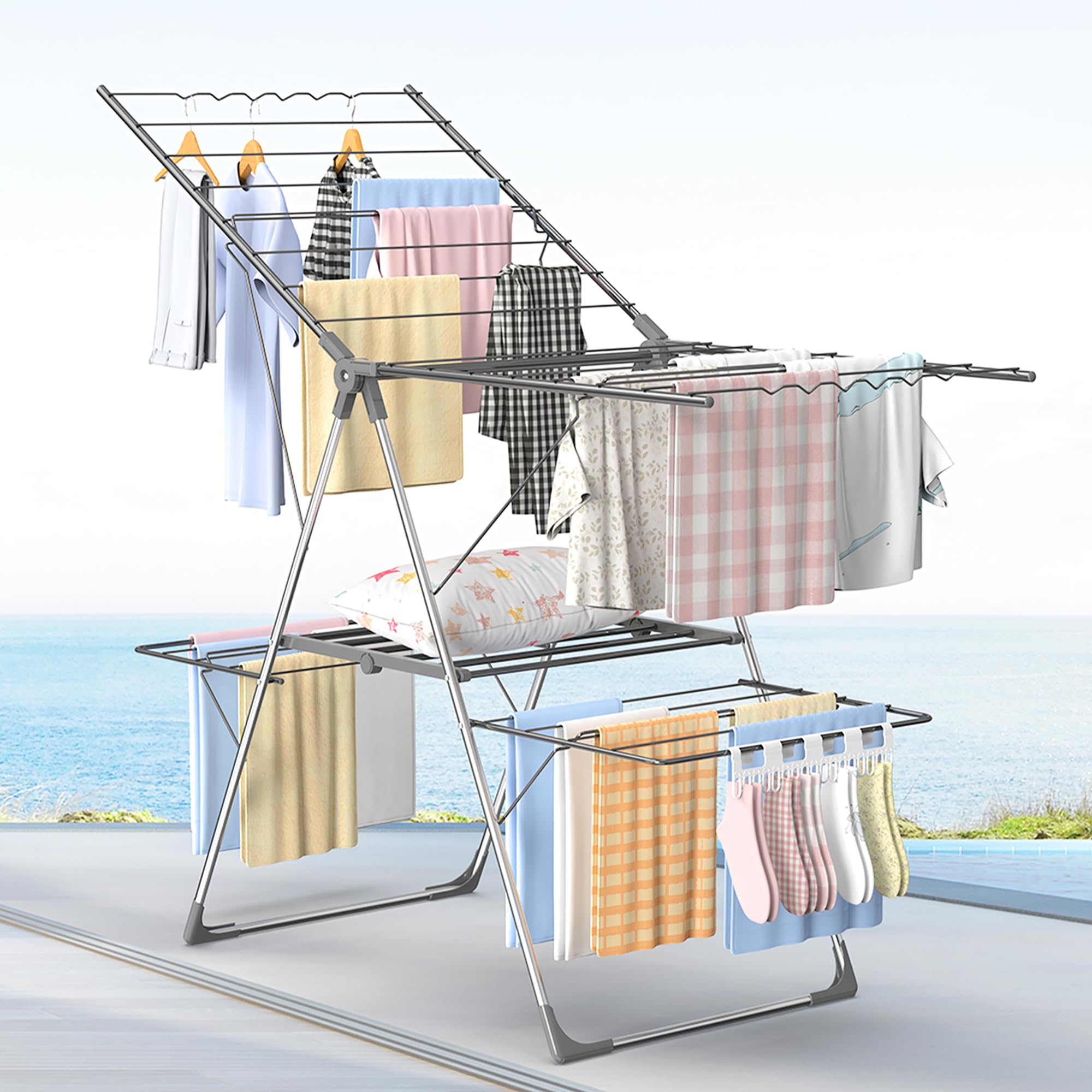 Innotic Étendoir Linge Intérieur Extérieur, Séchoir à Linge Pliable à 2 Niveaux, 4 Ailes Réglables en Hauteur, Tancarville Linge XXL, 33 Barres, Gris