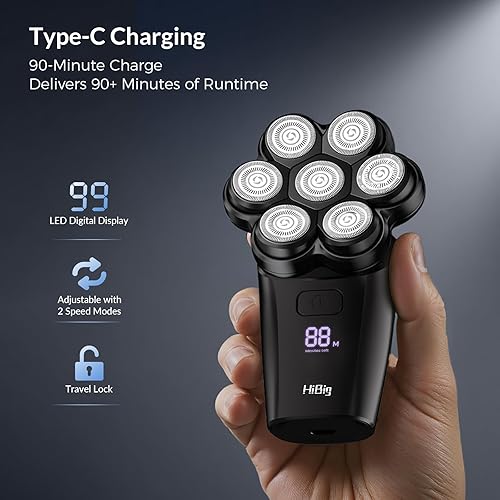 Miniatura 6 de Afeitadoras de cabeza para hombres calvos, maquinilla de afeitar eléctrica de arco 7D con cabeza magnética desmontable, impermeable, en seco y