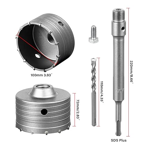 Miniatura 2 de SALI Kits de sierra de agujero de hormigón 4 "(100 mm) de acero de tungsteno para taladro de pared con varilla de conexión SDS Plus de 8.661 in,