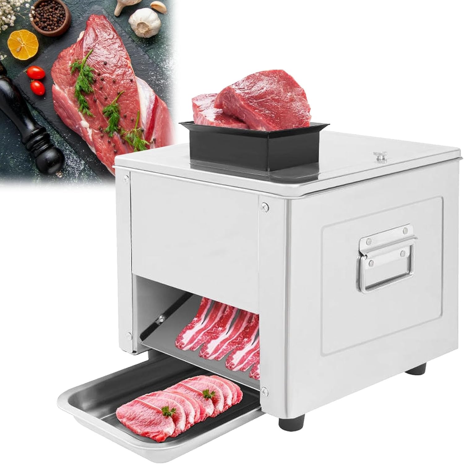 Commercial Electric Meat Cutter Machine - Automatic Blade Slicer with Stainless Steel Tray for Fresh Cuts, Ideal for Family Use, Shredding, Cubing & Mincing (5mm)