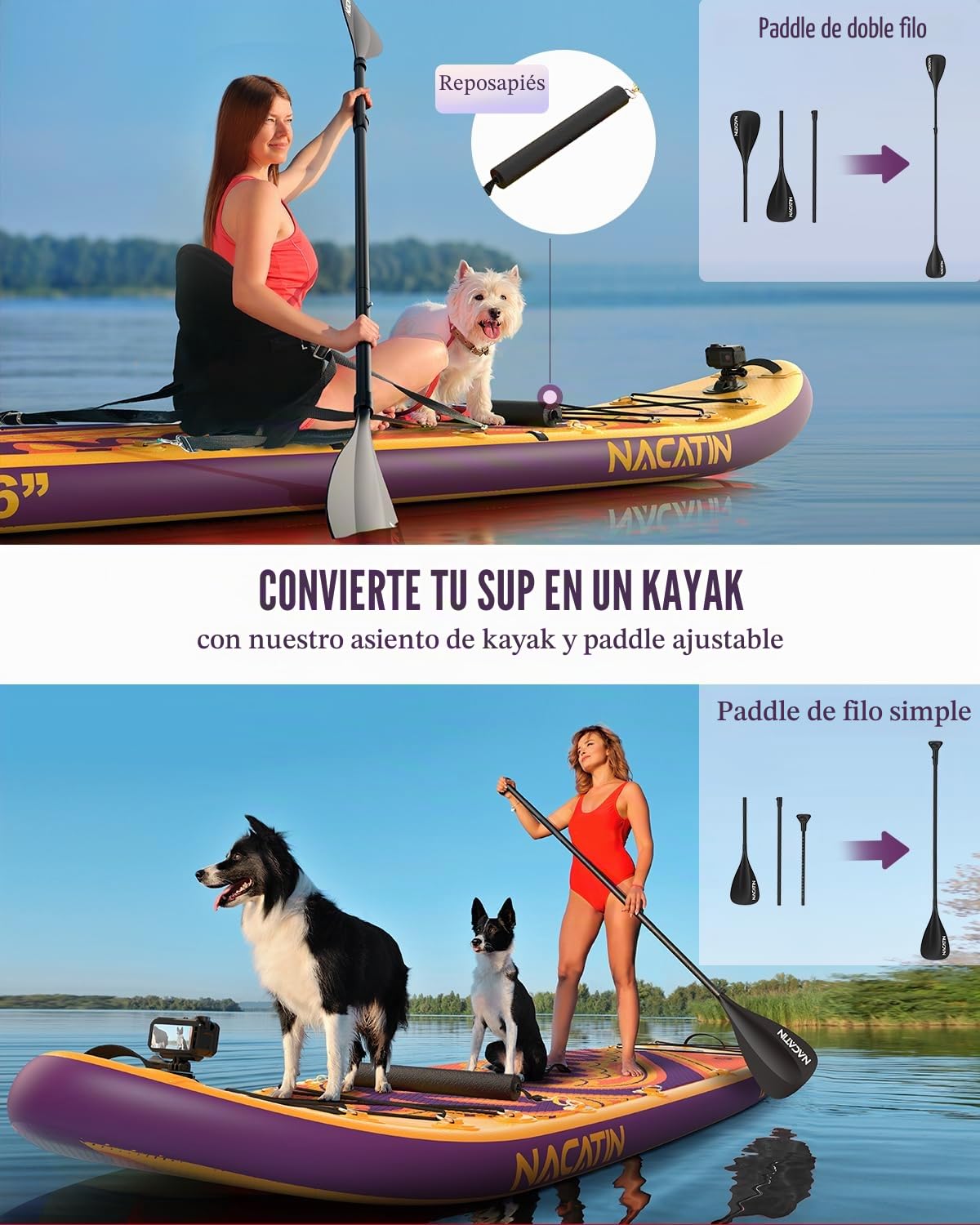 Tabla de paddle para la familia, tabla de remo hinchable de 12 pulgadas con kit de conversión de kayak, kit completo de surf para adultos, con remo individual o doble, asiento de kayak y otros