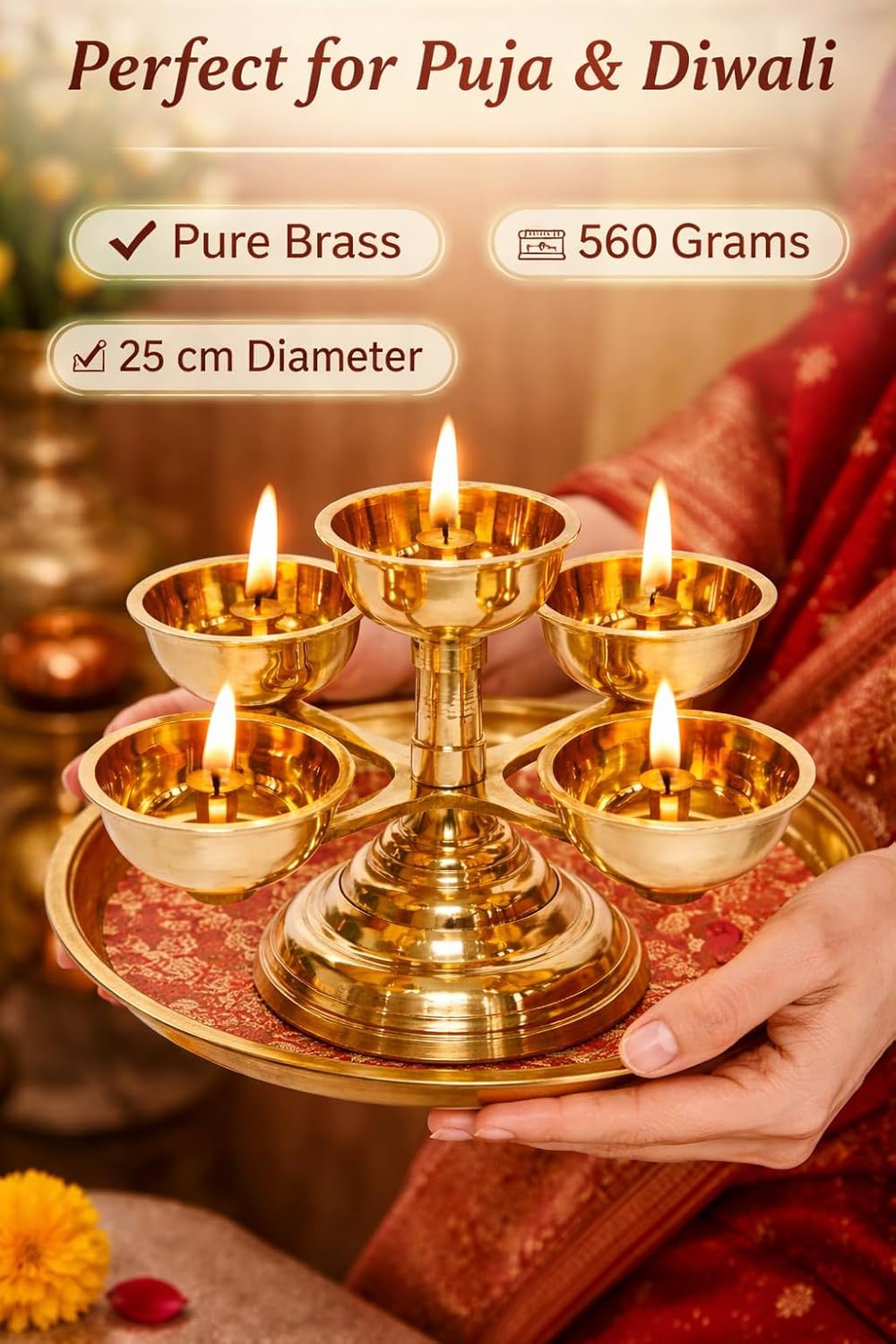 XOMARK Pure Brass Panchadeep Bhadradeepam Diya, 5-Faced Traditional Oil Lamp, Gold, 25 cm Diameter, 560 GMS, for Pooja Temple Diwali