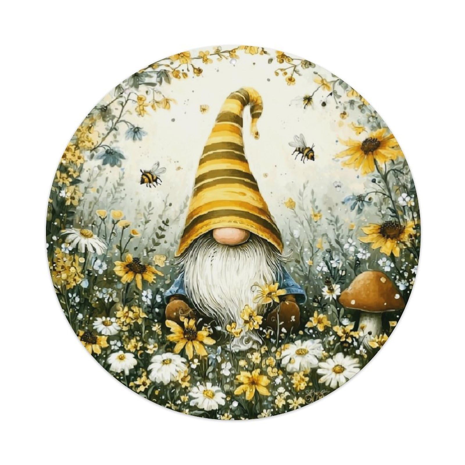 Gnome In Flower Garden With Bees Tin Sign Metal Poster Vintage Metal Signs for Home Man Cave Bar Cafe Kitchen laundry room Wall Decorations Gift 8x8Inch