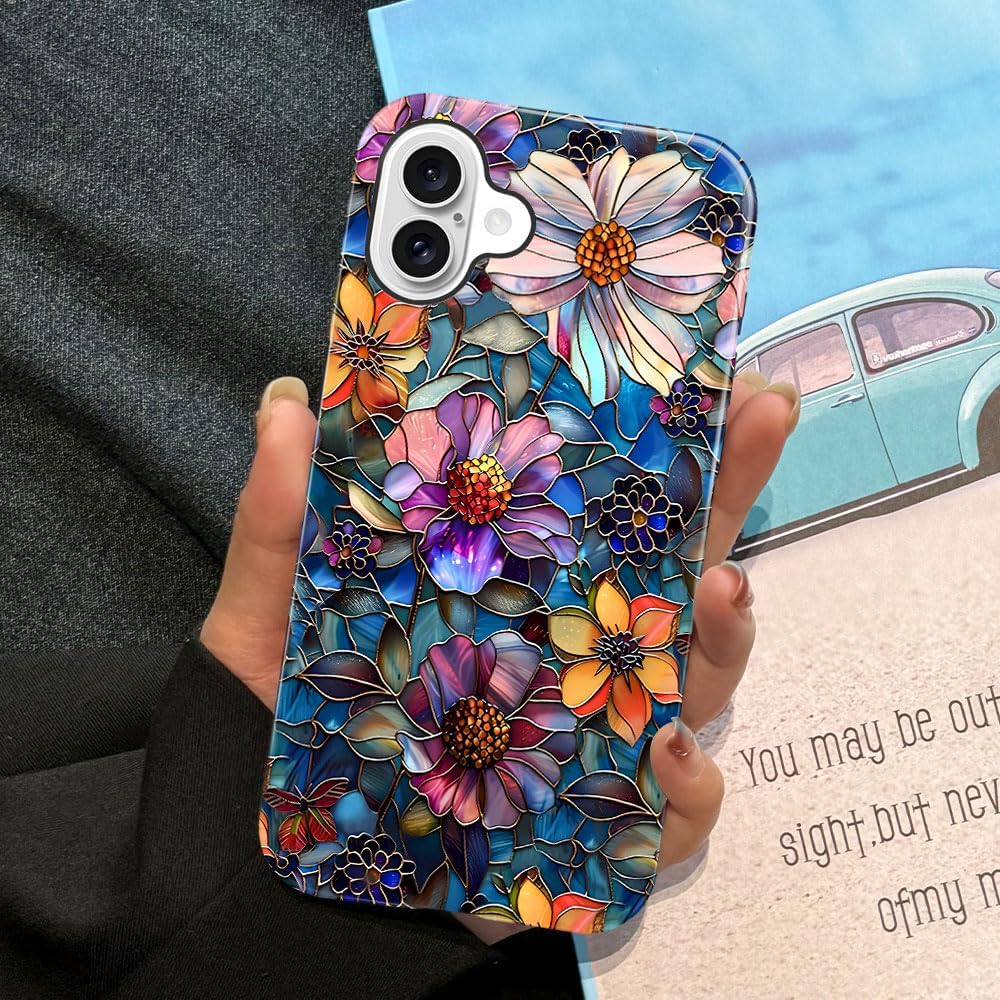 Case Compatible with iPhone 16,Fall Prevention Bright Hybrid 2-Layer Hard Shell Phone Case for Girls Boys,Colorful Floral Flower Art - Image 5