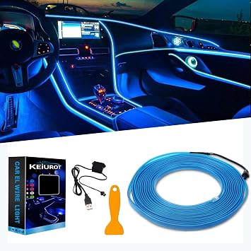 Keiurot Blue EL Wire Neon Light, 16FT USB 5V for Car Interior Trim | Cut to Size, Car Dashboard and Door Trim Use, Waterproof IP65, Plug and Play