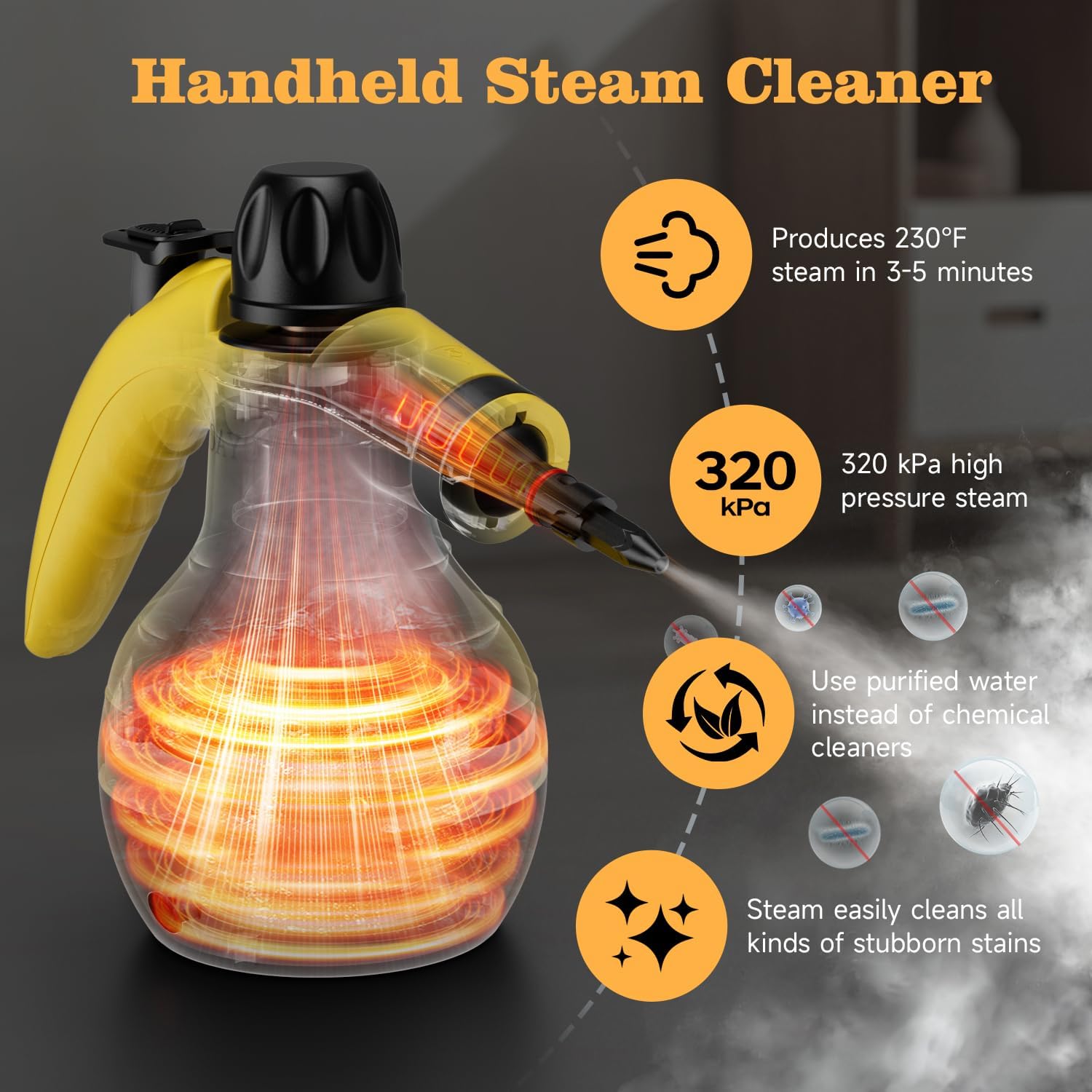 ticyack handheld steam cleaner, steam cleaner with 16 pcs accessory & safety lock, capacity, multi-surface deep cleaning for home, car, bathroom, grout, floor, window(yellow)