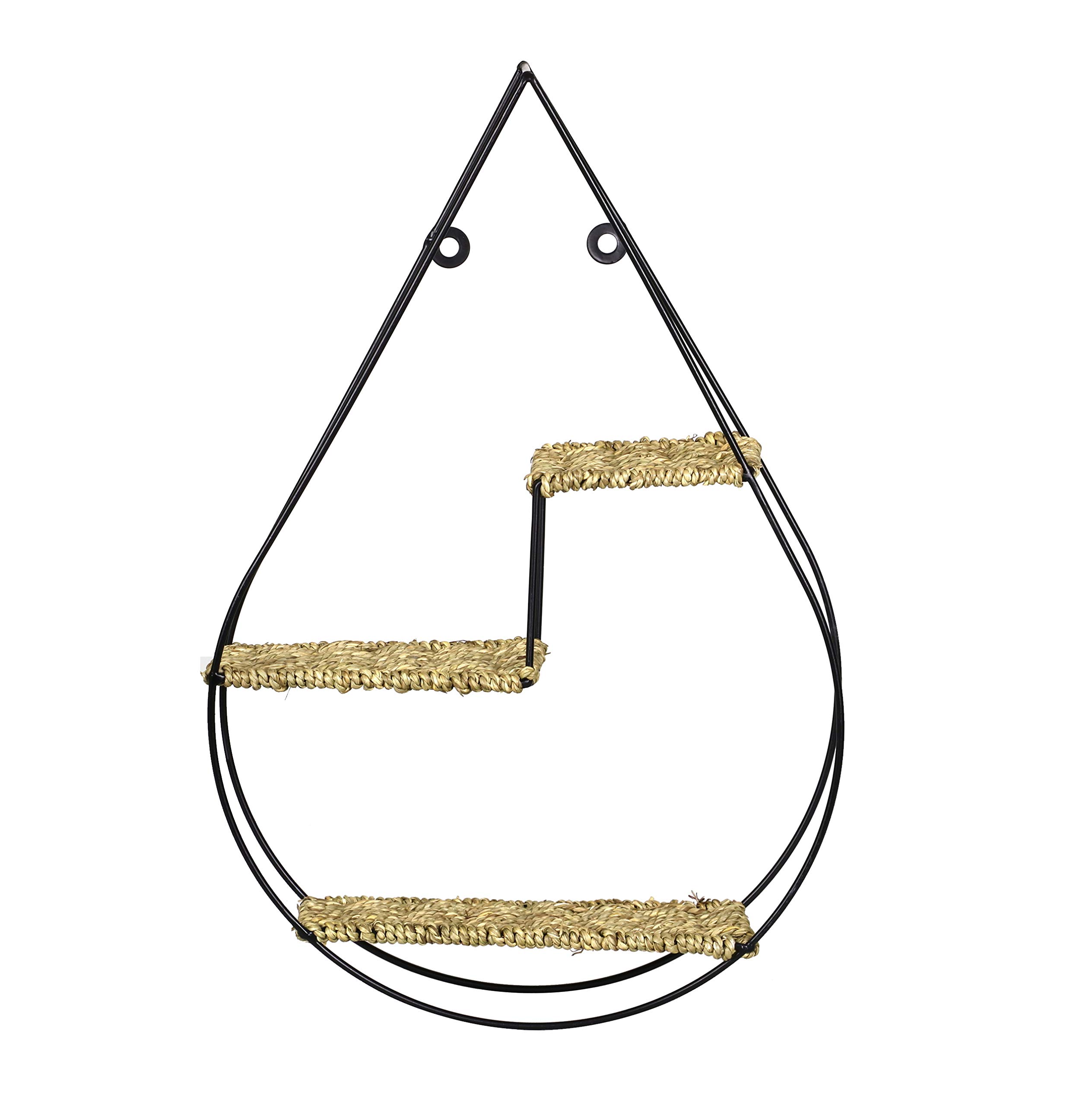 3 Tier Floating Shelf Wall Mount Hanging Shelve Black Metal Frame Woven Rope 5414886546135