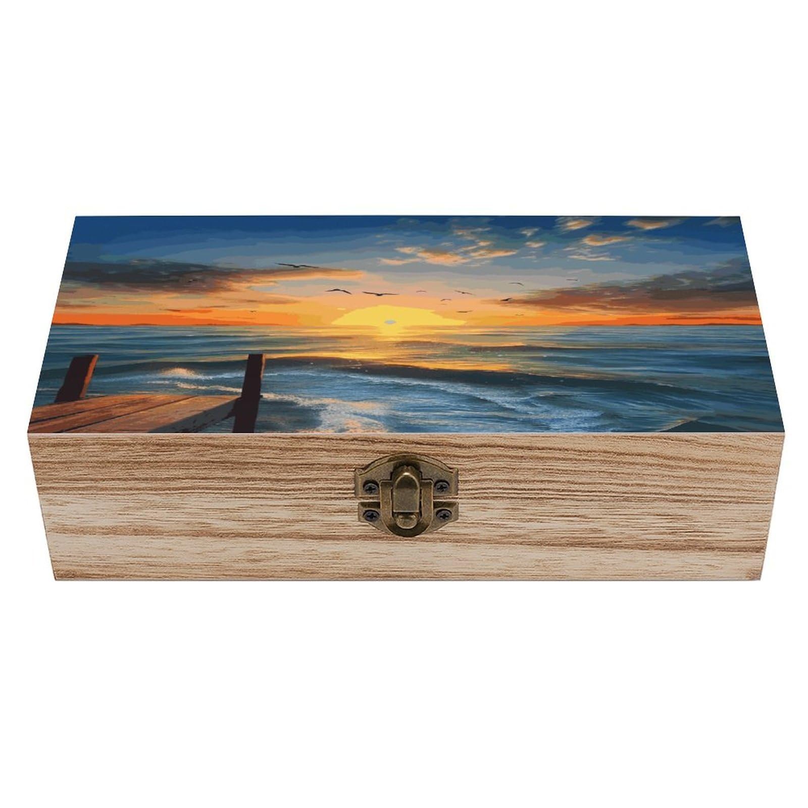 FekiLoot Sunset Sea Wooden Jewelry Box Personalized Wood Keepsake Box Large Decorative Wooden Storage Boxes with Hinged Lid Rustic Style Wood Jewelry Organizer for Desk Home Office