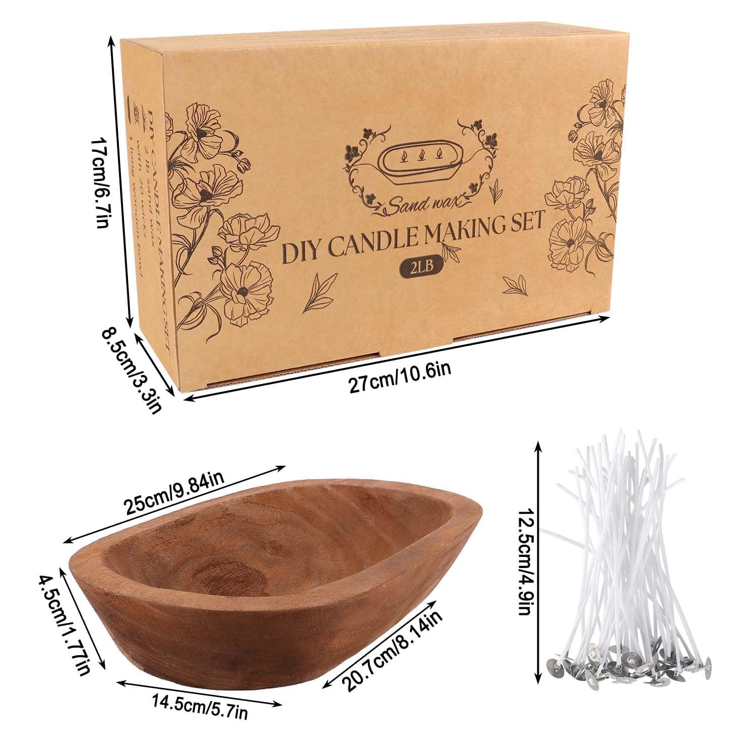 Wfmolcand Set fai da te con ciotola in legno e 20 stoppini, perline aromatiche non profumate, cera perlata riutilizzabile per candele fai da te, kit fai da te, ricarica di perline in polvere