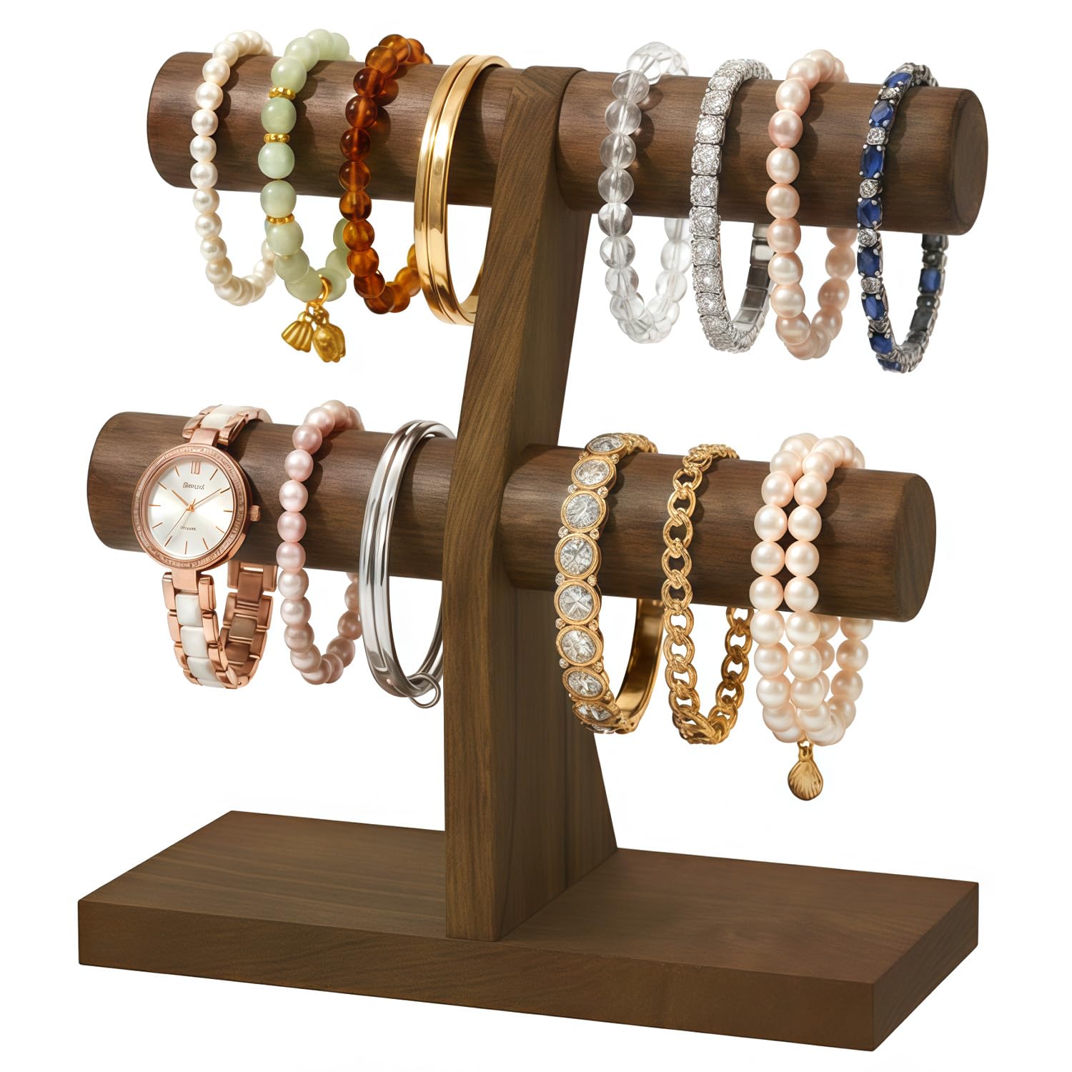 MODOWEY Bracelet Holder Organizer Display Wooden T Bar Stand, 2 Tiers Brown