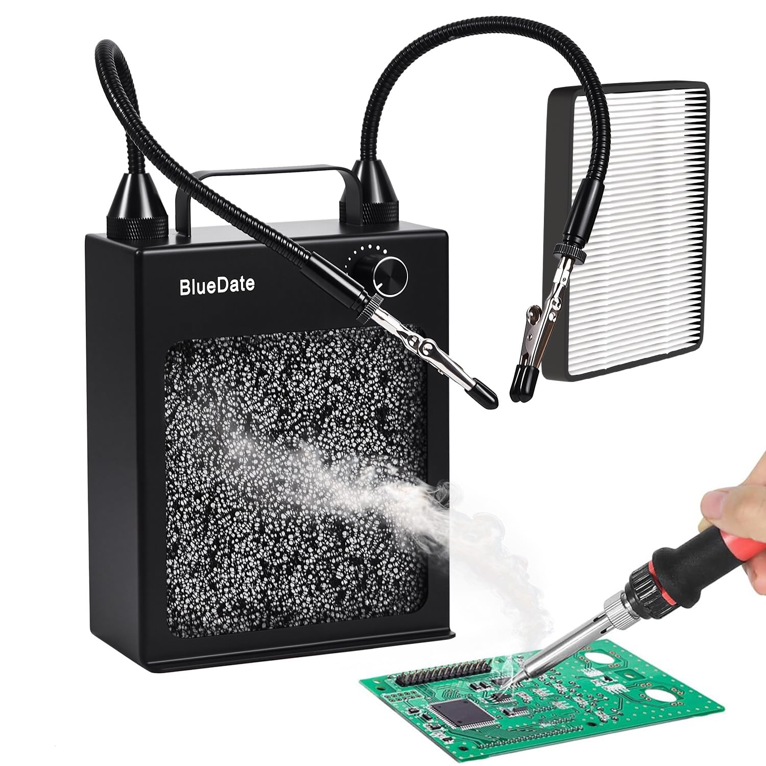 Solder Fume Extractor with HEPA and Carbon Filter - Portable Smoke Absorber for DIY Soldering, Engraving, Jewelry Making，with 2 Magnetic Helping Hands
