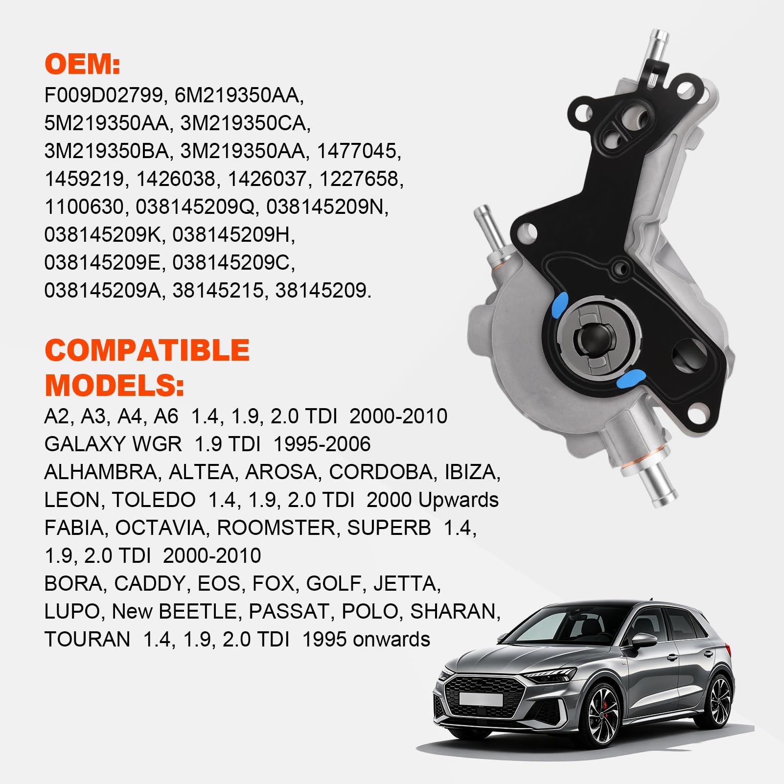 Bomba de Combustible/Bomba de vacío para servofreno con Junta – Compatible con Motores VW, Seat y Skoda 1.2, 1.4, 1.9, 2.0 TDI – Referencias OE: 038145209, 038145209A, 038145209C, 038145209D