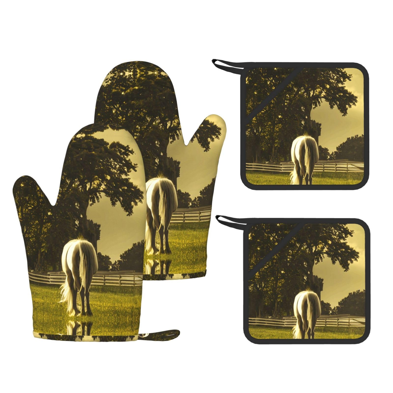 Horse Printed Pot Holders and Oven Mitts 4-Piece, Non-Slip Kitchen Gloves with Utensil Pocket for BBQ