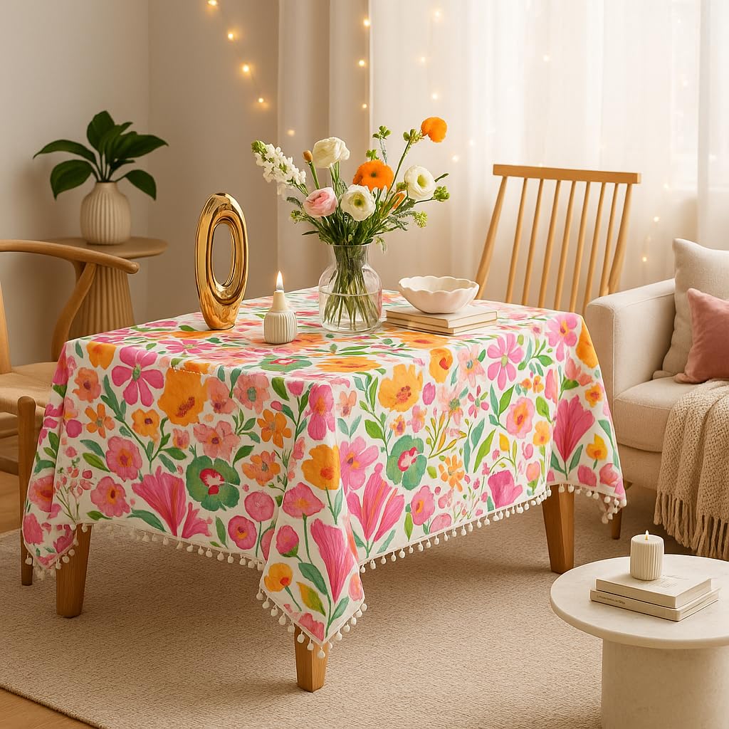 WWW.THROWPILLOW.IN Floral Print Boho Dining Table Cover with Tassels Square Shape 36"x 36", Anti Skid Center Table Cloth with Tassels for 18x18-30x30, Coffee Table|Living Room Diwali Decor-image-4